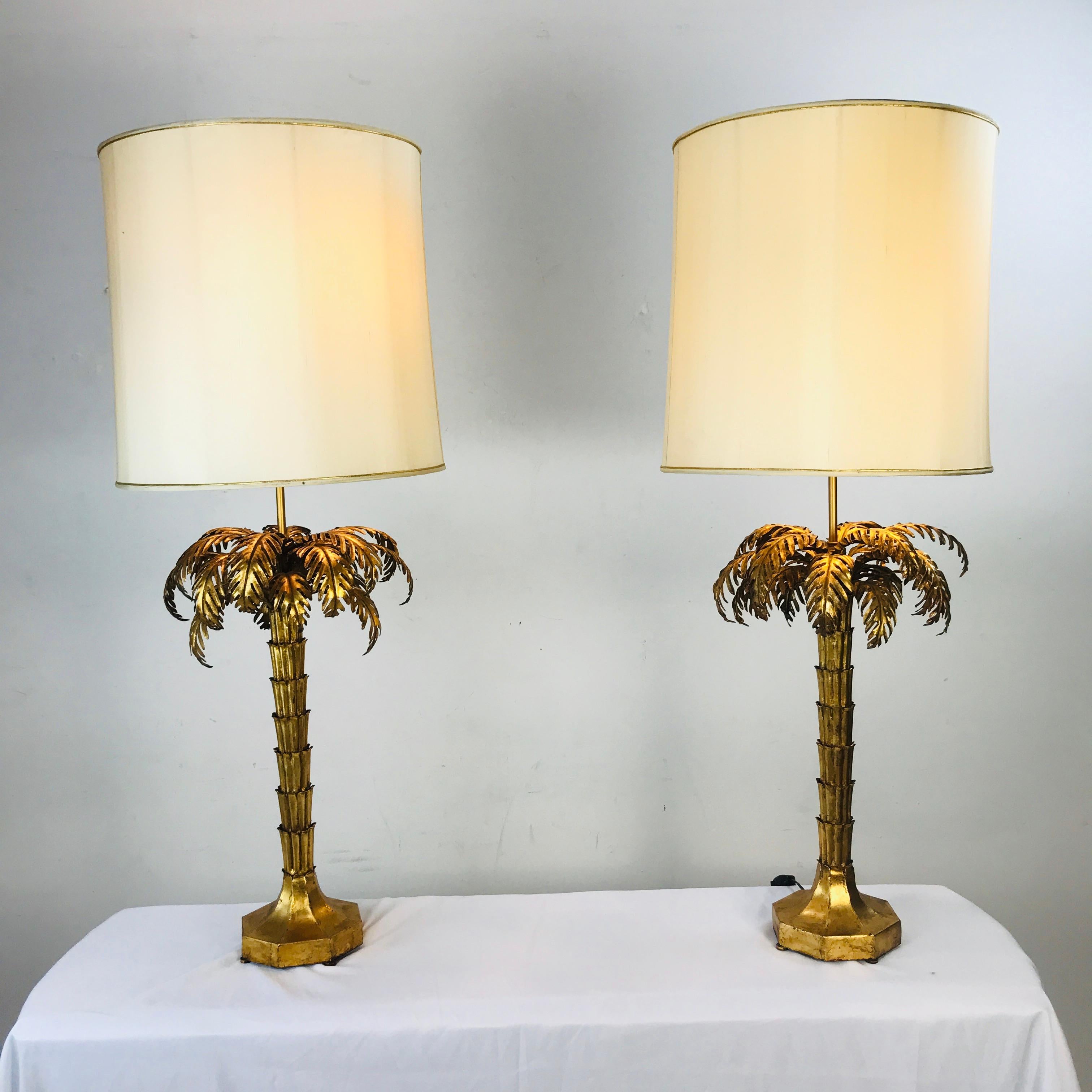 Hollywood Regency Exceptional Pair of Gold Gilded Palm Tree Lamps