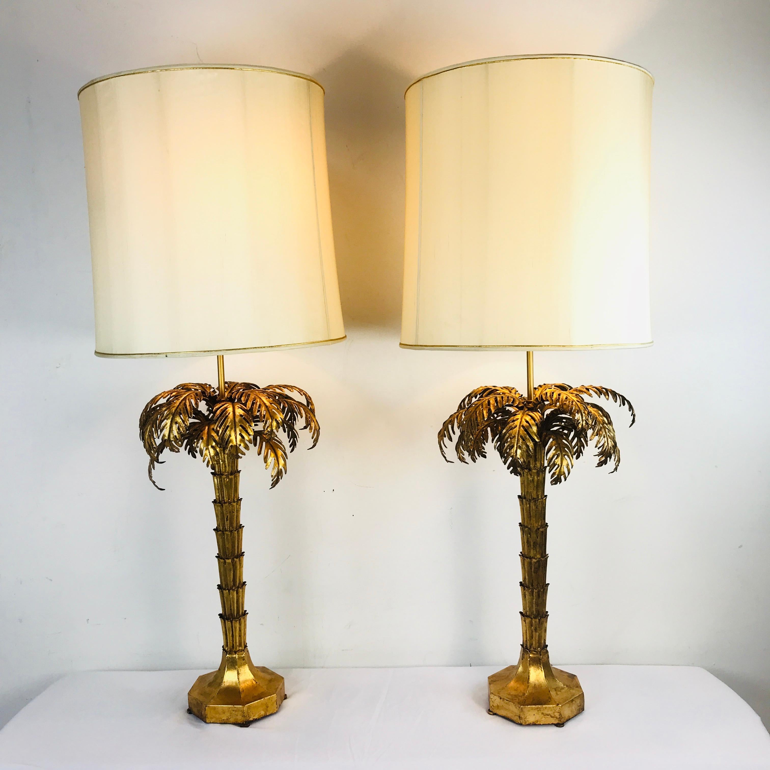 Mid-20th Century Exceptional Pair of Gold Gilded Palm Tree Lamps