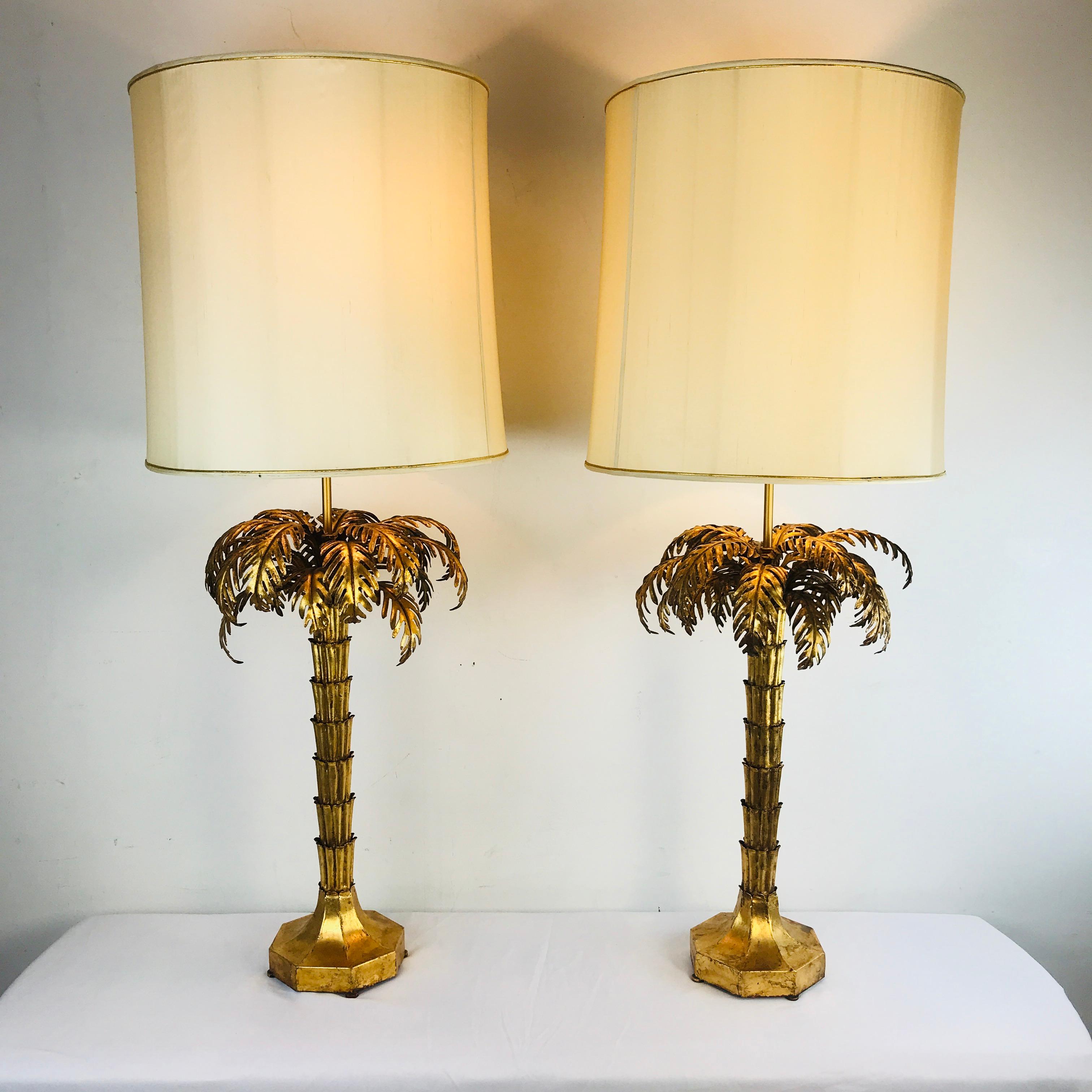 Metal Exceptional Pair of Gold Gilded Palm Tree Lamps