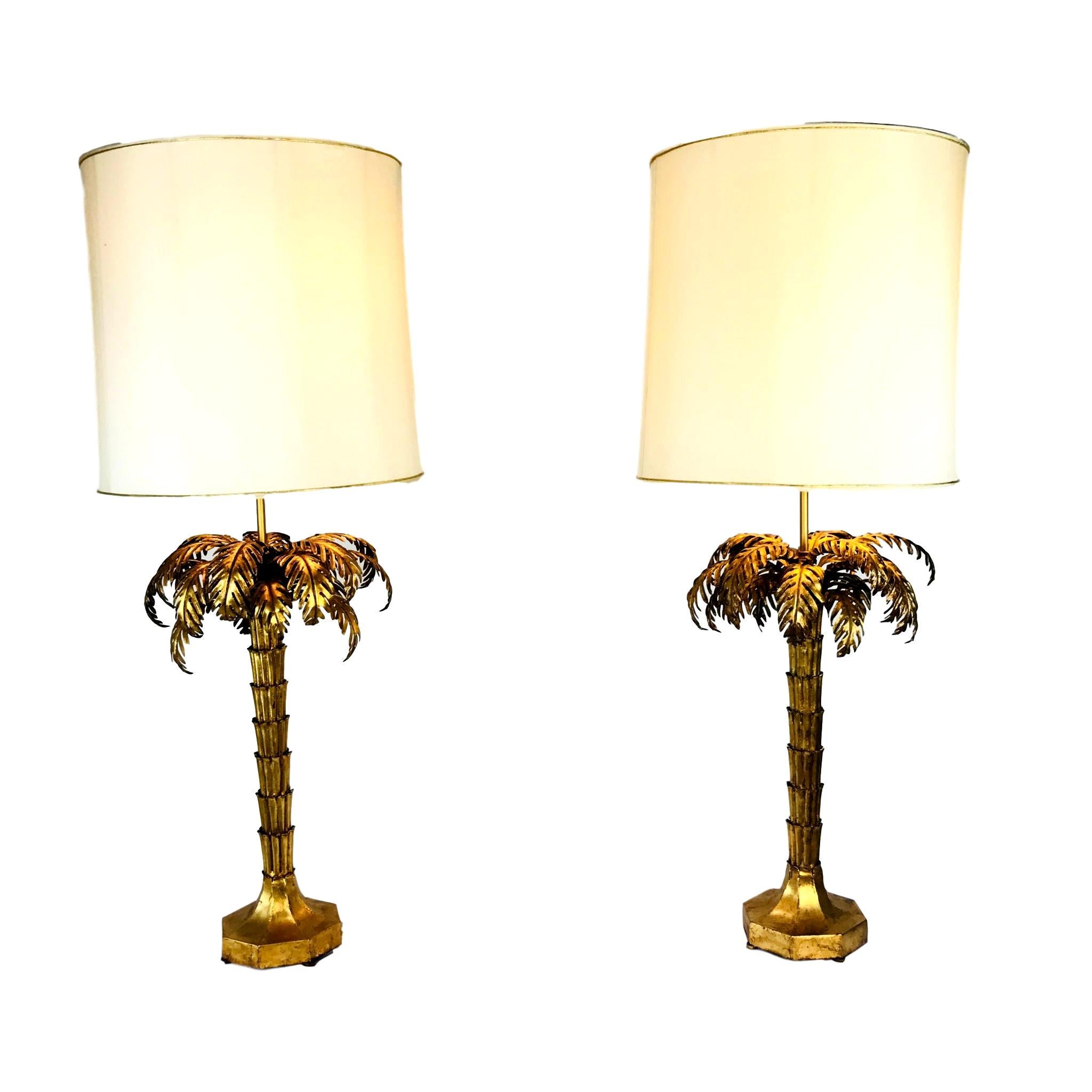 Exceptional Pair of Gold Gilded Palm Tree Lamps
