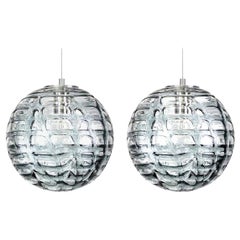 Exceptional Pair of Grey Murano High-End Glass Pendant Lights Venini Style 1960s