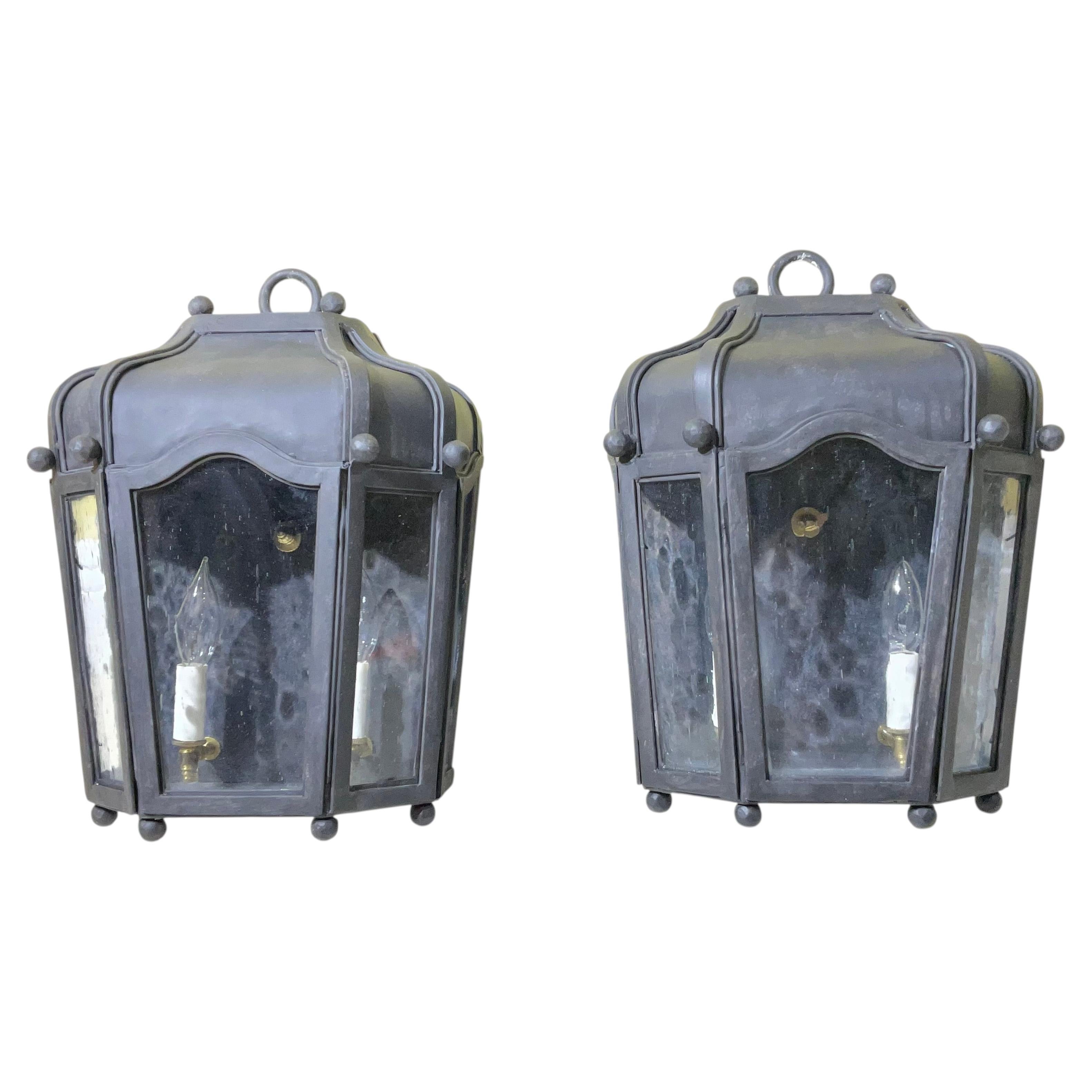 Exceptional Pair of Hand-Forged Iron Wall Lanterns Architectural Sconces