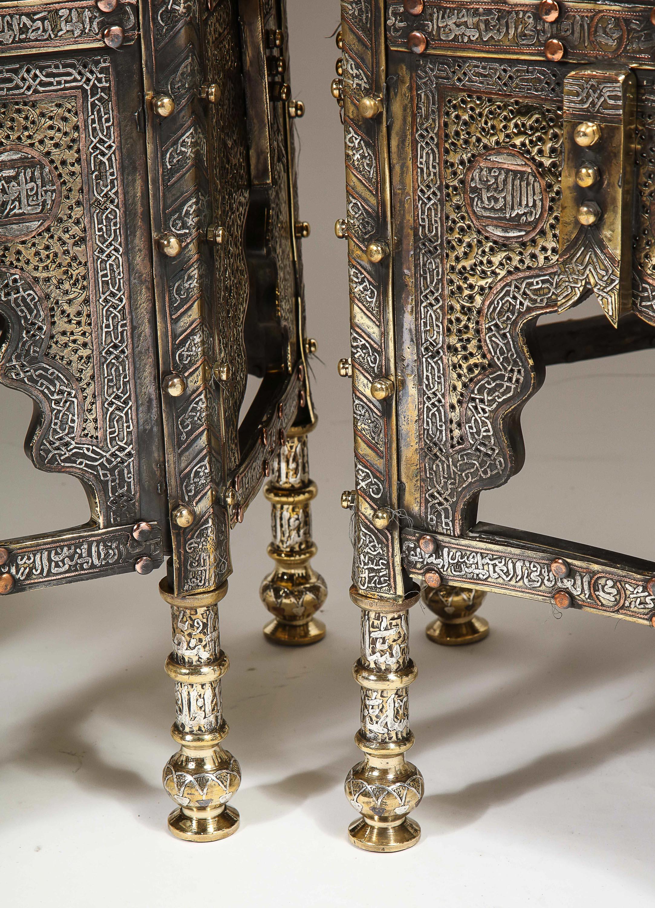 Exceptional Pair of Islamic Mamluk Revival Silver Inlaid Quran Side Tables For Sale 11