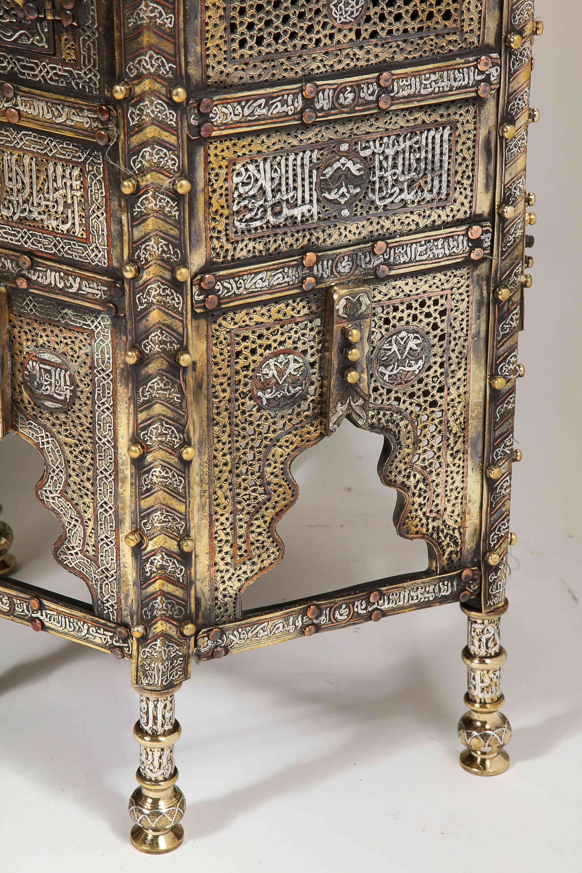 Exceptional Pair of Islamic Mamluk Revival Silver Inlaid Quran Side Tables 14