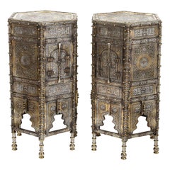 Exceptional Pair of Islamic Mamluk Revival Silver Inlaid Quran Side Tables