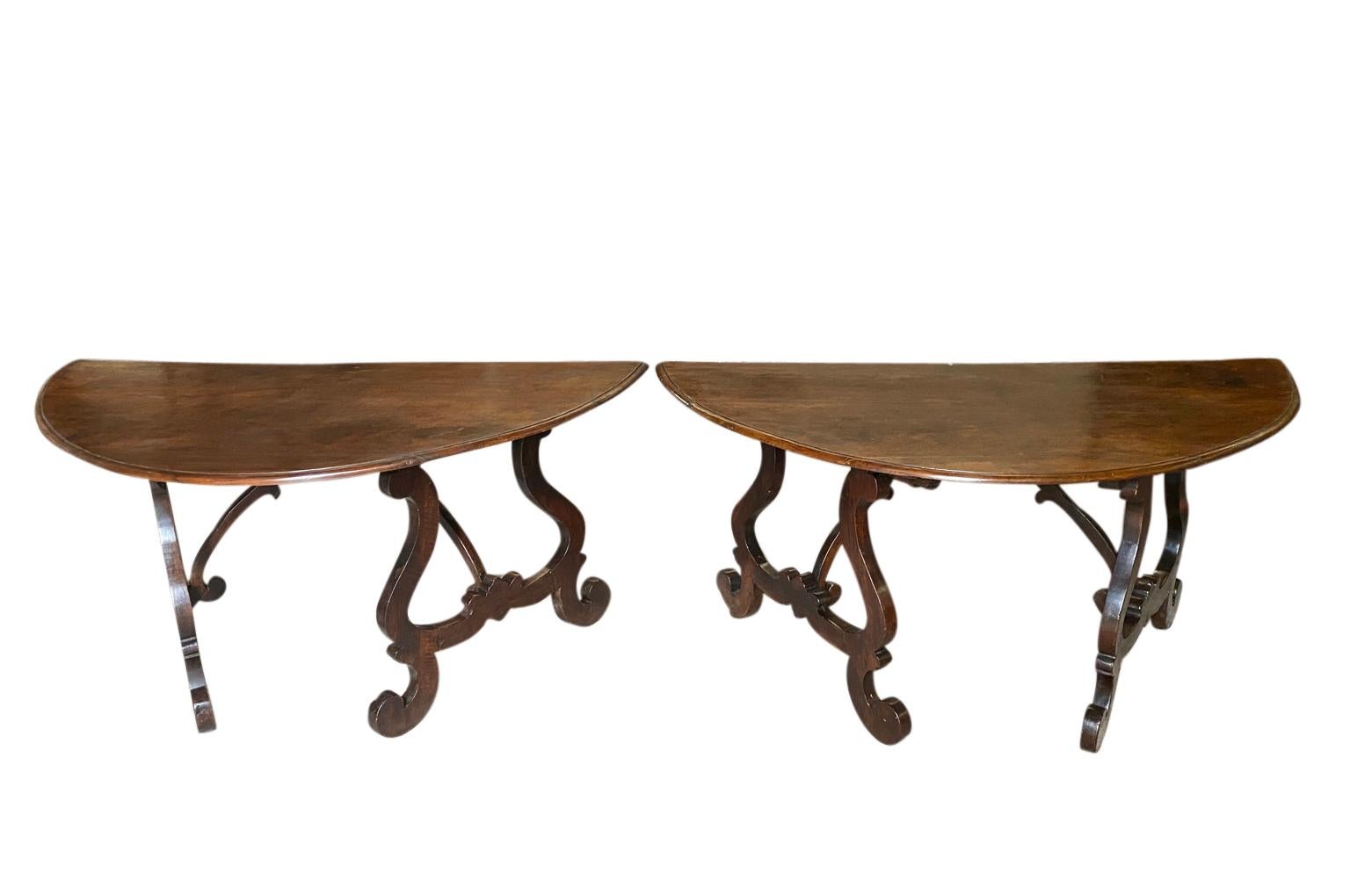 18th Century and Earlier Exceptional Pair of Italian 18th Century Grand Scale Demi Lune Console Tables For Sale