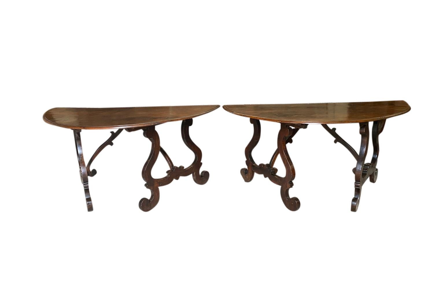 Walnut Exceptional Pair of Italian 18th Century Grand Scale Demi Lune Console Tables For Sale