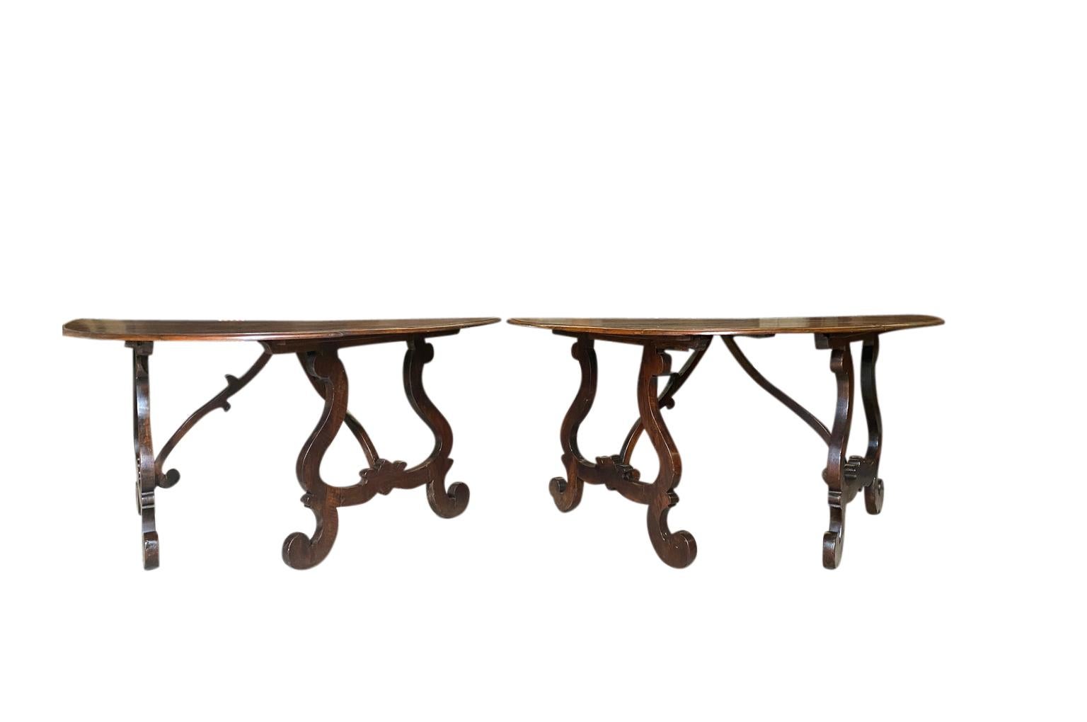 Exceptional Pair of Italian 18th Century Grand Scale Demi Lune Console Tables For Sale 1