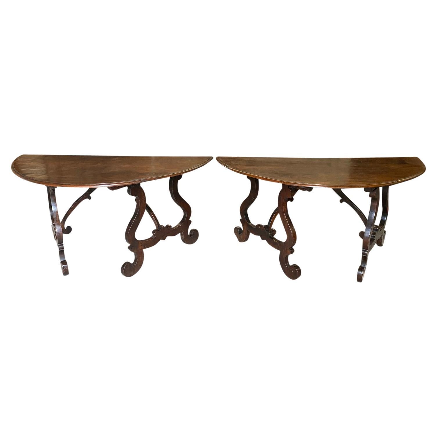 Exceptional Pair of Italian 18th Century Grand Scale Demi Lune Console Tables For Sale