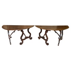 Antique Exceptional Pair of Italian 18th Century Grand Scale Demi Lune Console Tables