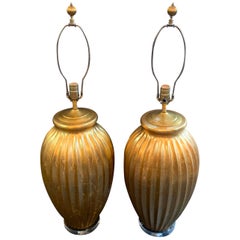 Exceptional Pair of Karl Springer Fluted Gold Venetian Vases Lamps Lucite Bases