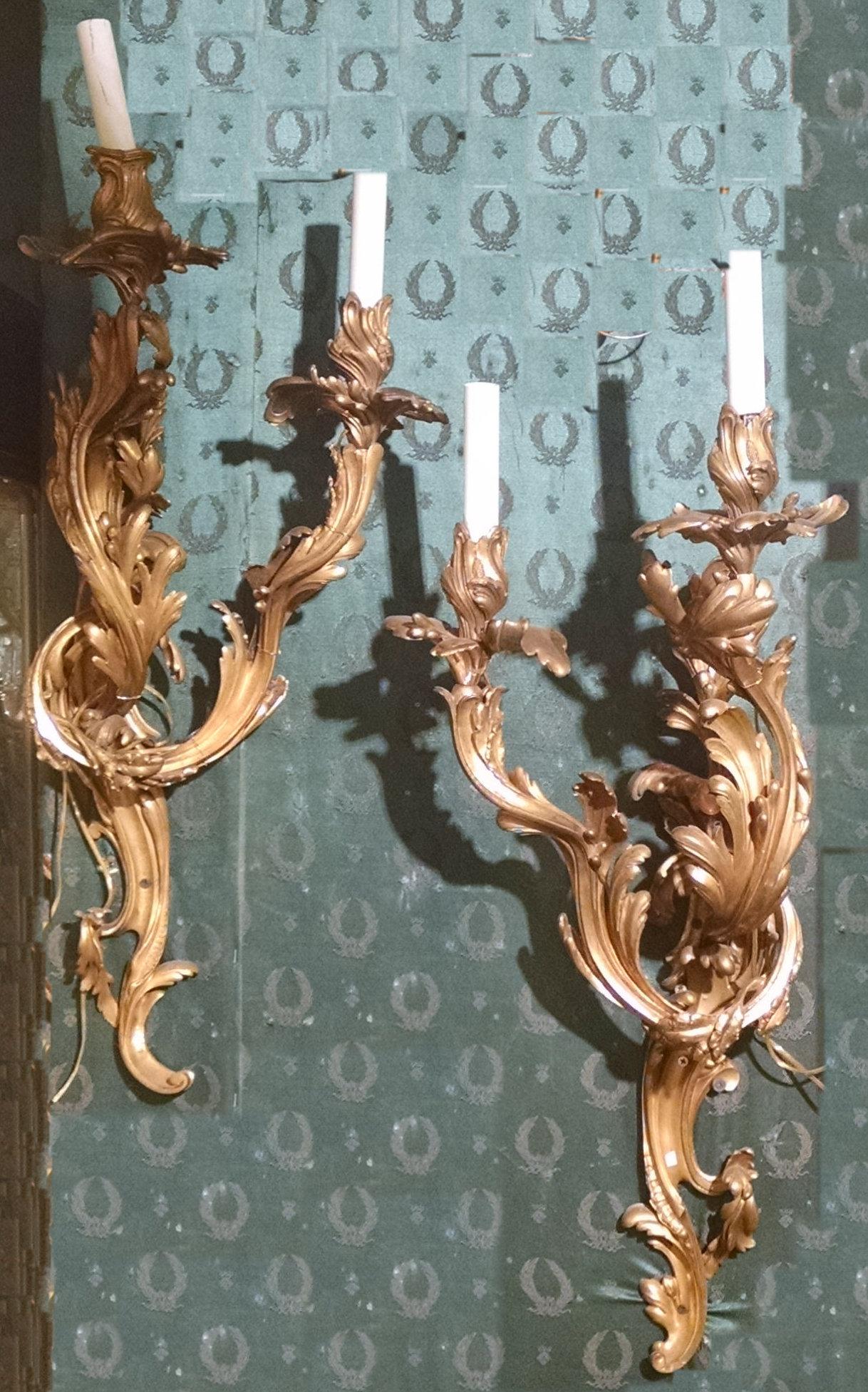 French Exceptional Pair of Large Louis XV Style Gilt Bronze Wall Lights For Sale