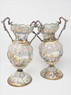 Exceptional Pair of Large Silver Mounted Viennese Enamel Vases by Rudolf Linke