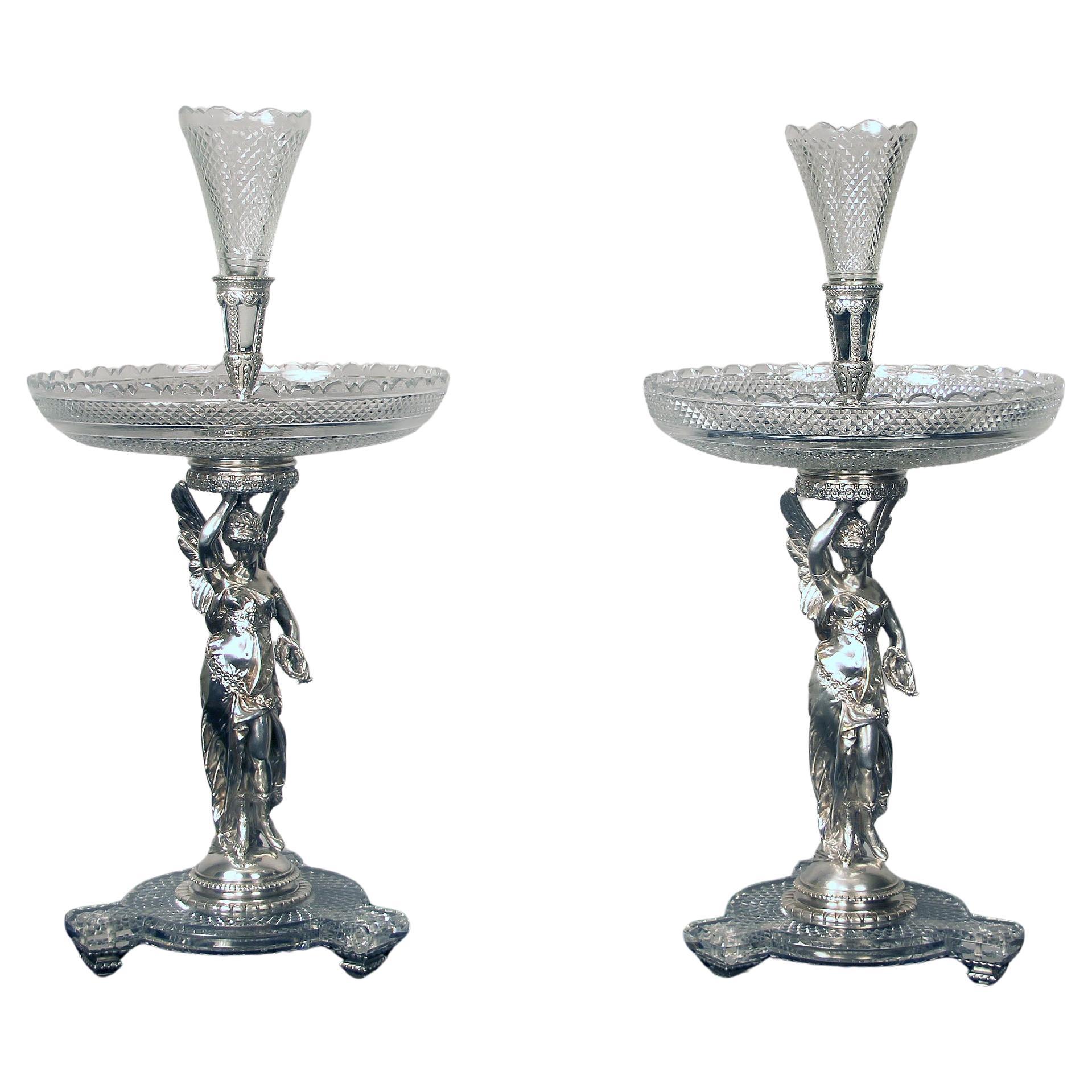 Exceptional Pair of Late 19th Century Silver Plated and Baccarat Crystal Tazzas in vendita