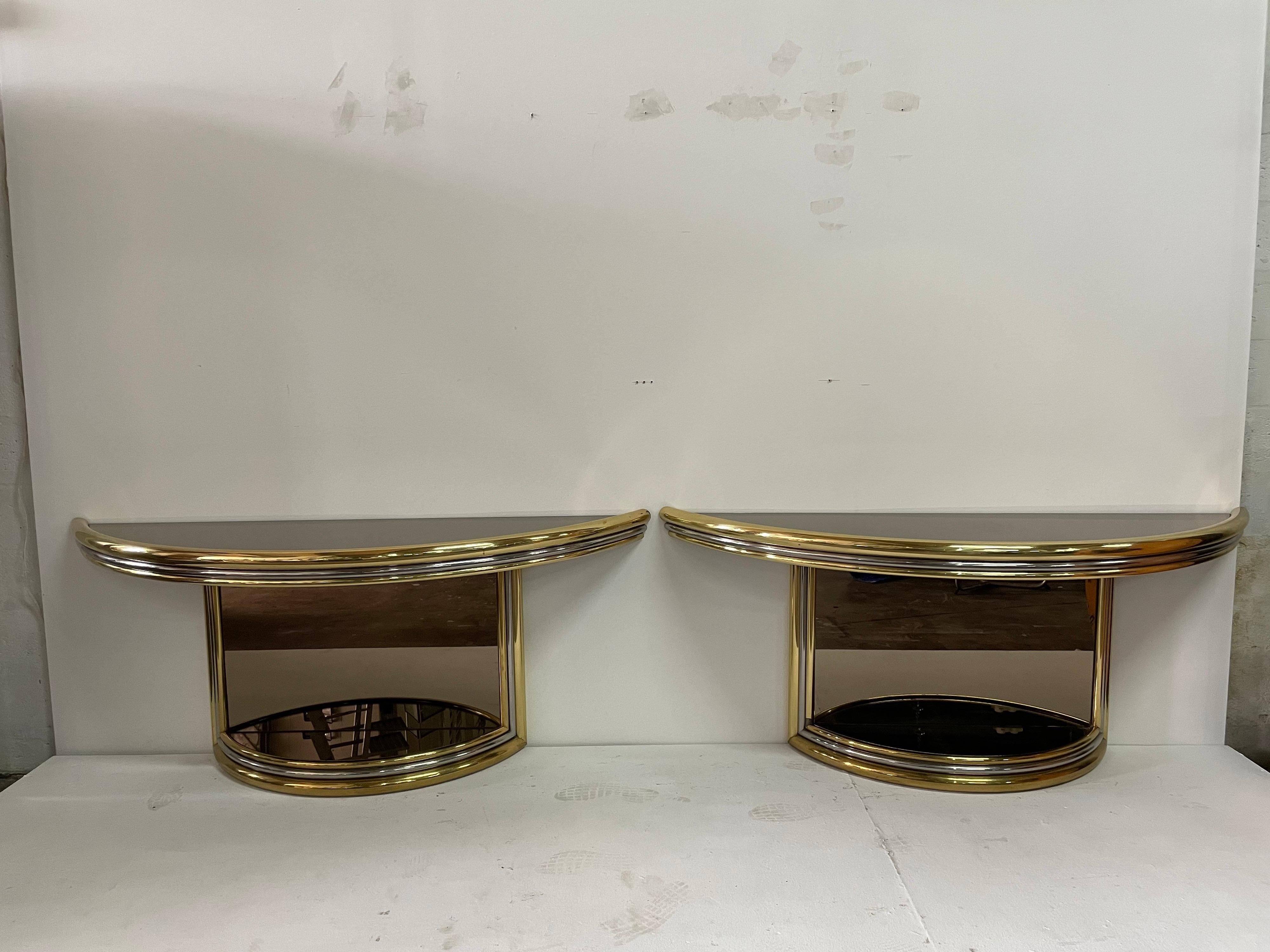 Exceptional Pair of Mixed-Metal Demilune Consoles For Sale 5