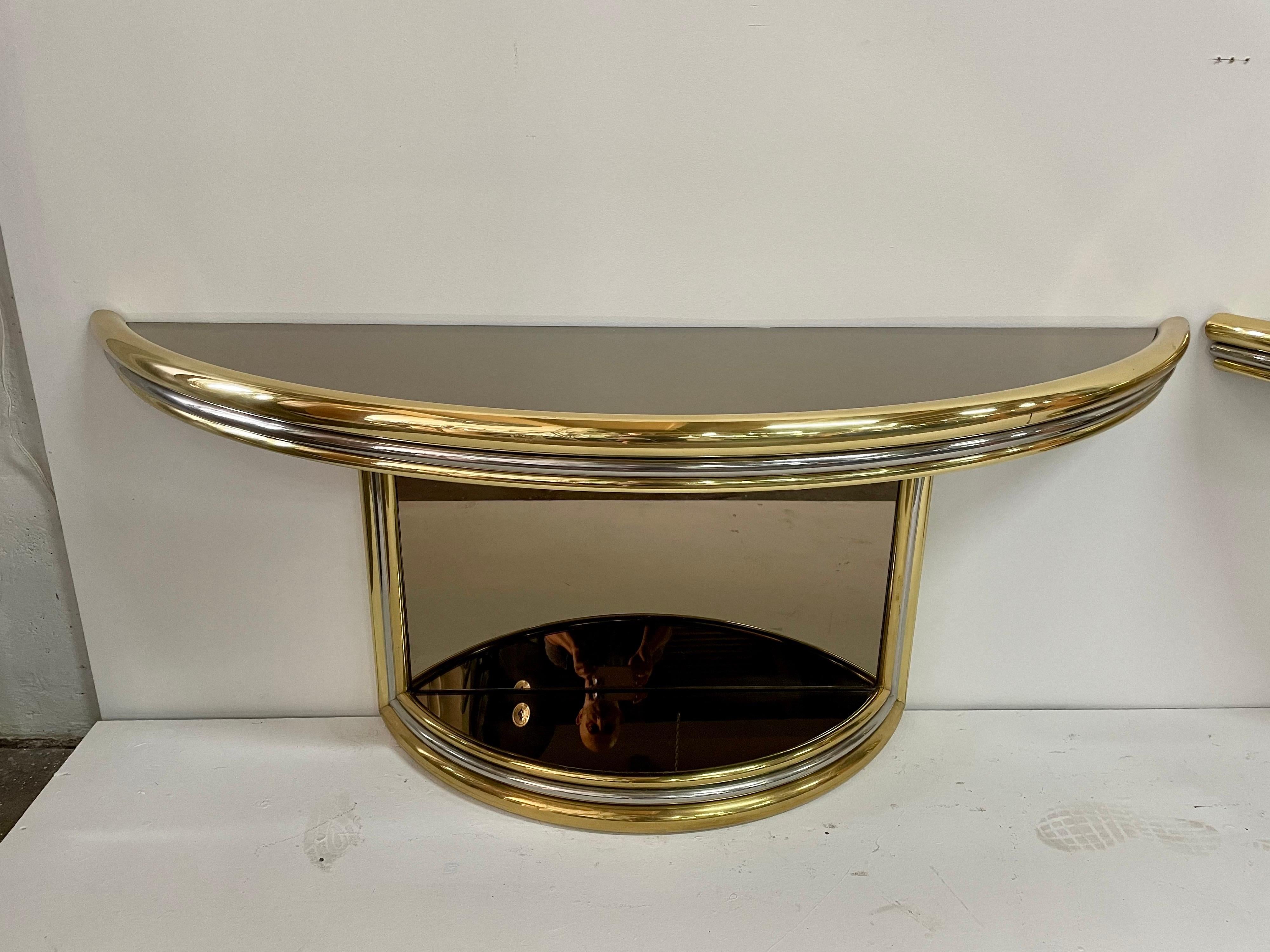 Mid-Century Modern Exceptional Pair of Mixed-Metal Demilune Consoles For Sale