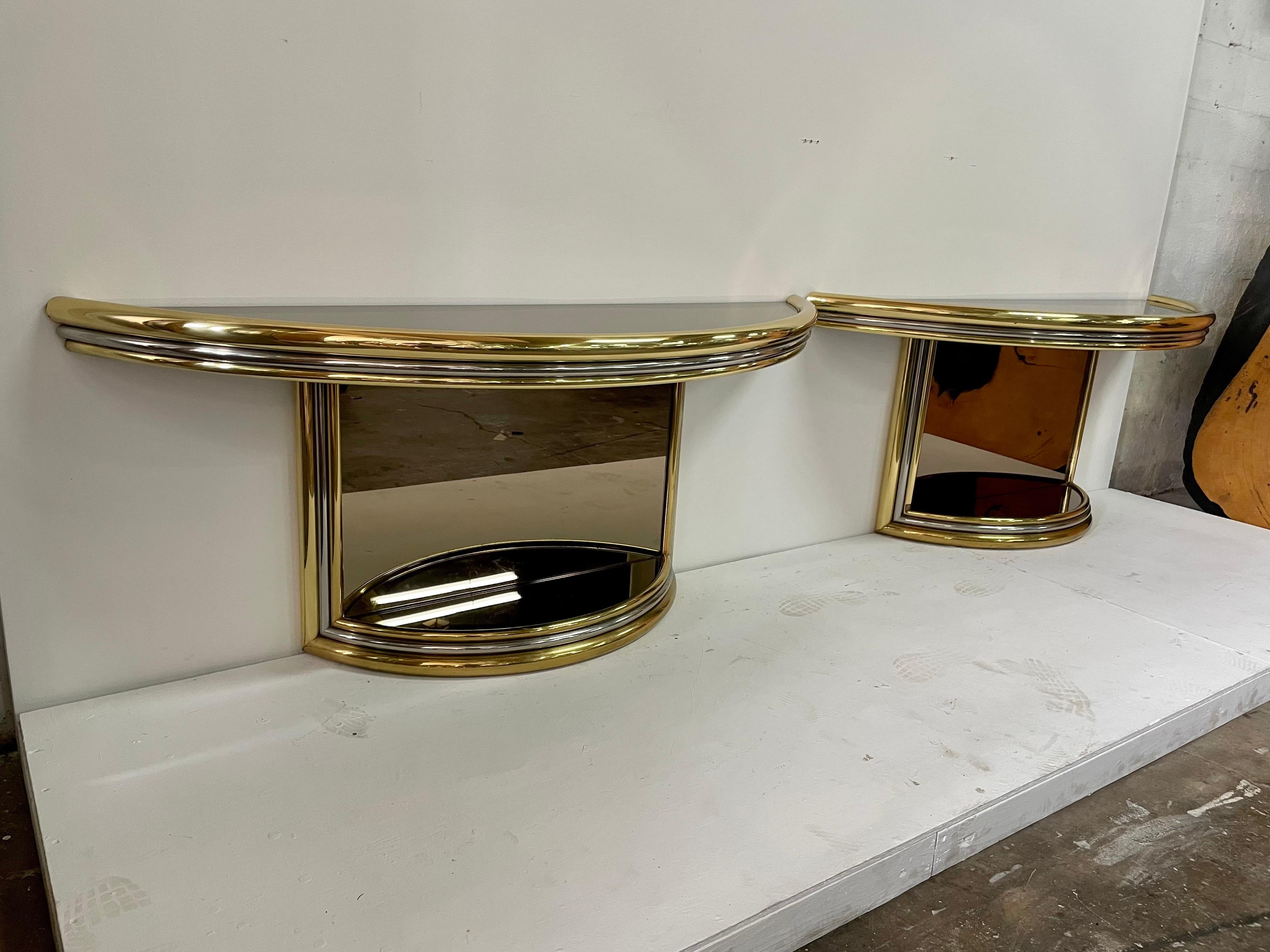 Exceptional Pair of Mixed-Metal Demilune Consoles For Sale 1