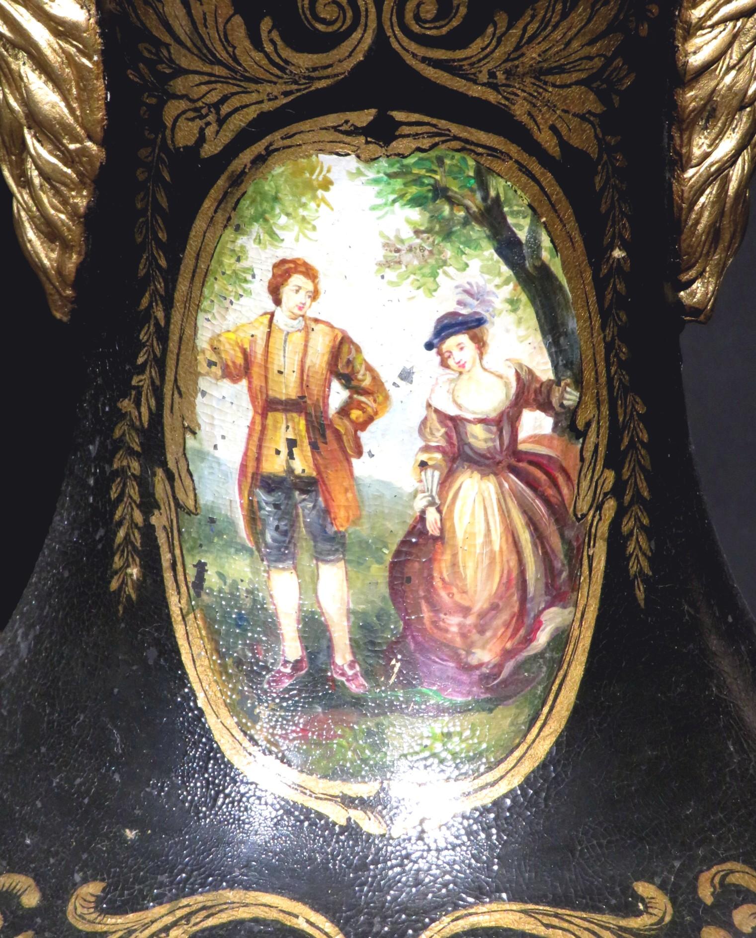 Exceptional Pair of Neoclassical Revival Hand Painted Wooden Urns, circa 1880 For Sale 3