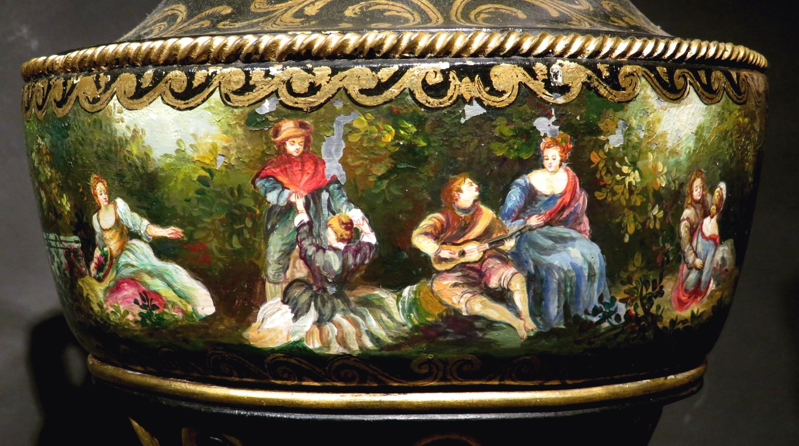 Exceptional Pair of Neoclassical Revival Hand Painted Wooden Urns, circa 1880 For Sale 9
