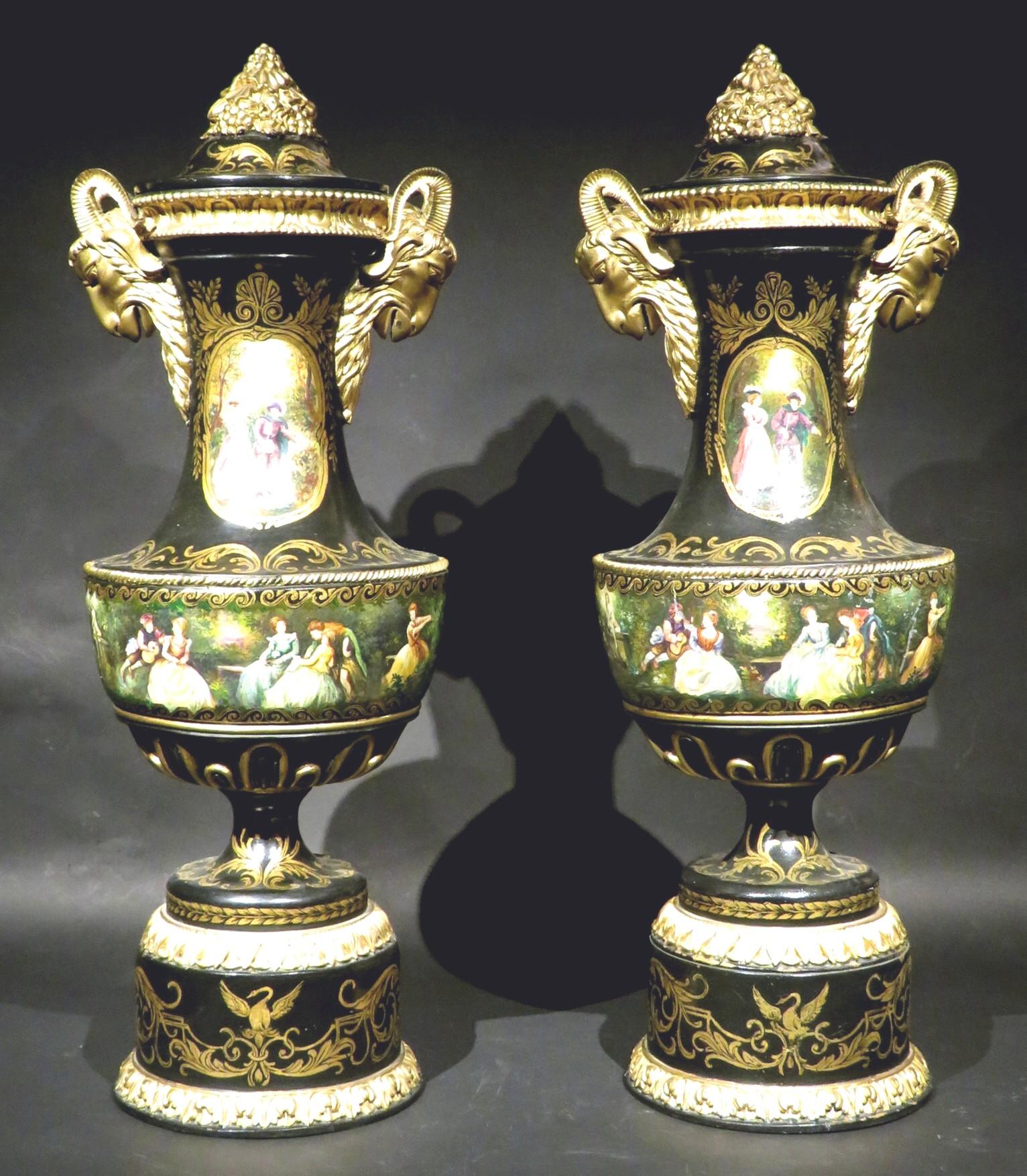 French Exceptional Pair of Neoclassical Revival Hand Painted Wooden Urns, circa 1880 For Sale