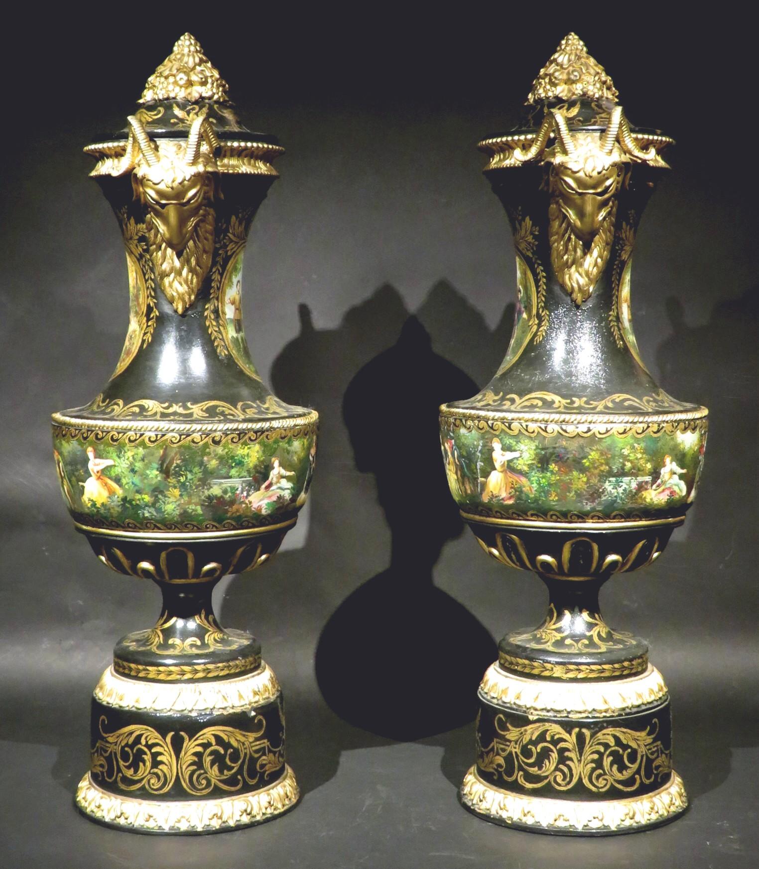 Turned Exceptional Pair of Neoclassical Revival Hand Painted Wooden Urns, circa 1880 For Sale