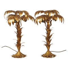 Exceptional Pair of Original Gilt Metal Palm Tree Table Lamps by Hans Kögl, 1970