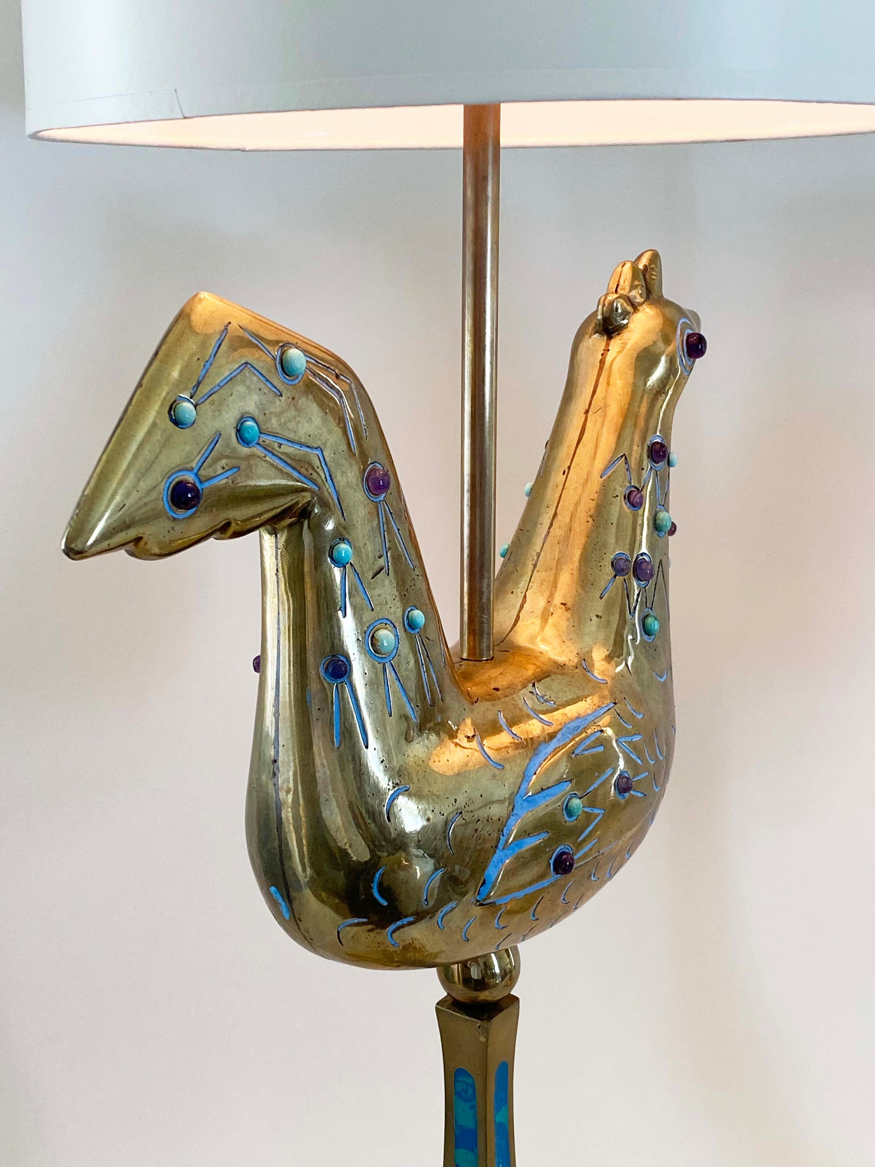 Exceptional Pair of Pepe Mendoza Brass Lamps with Turquoise & Amethyst Cabochons 4