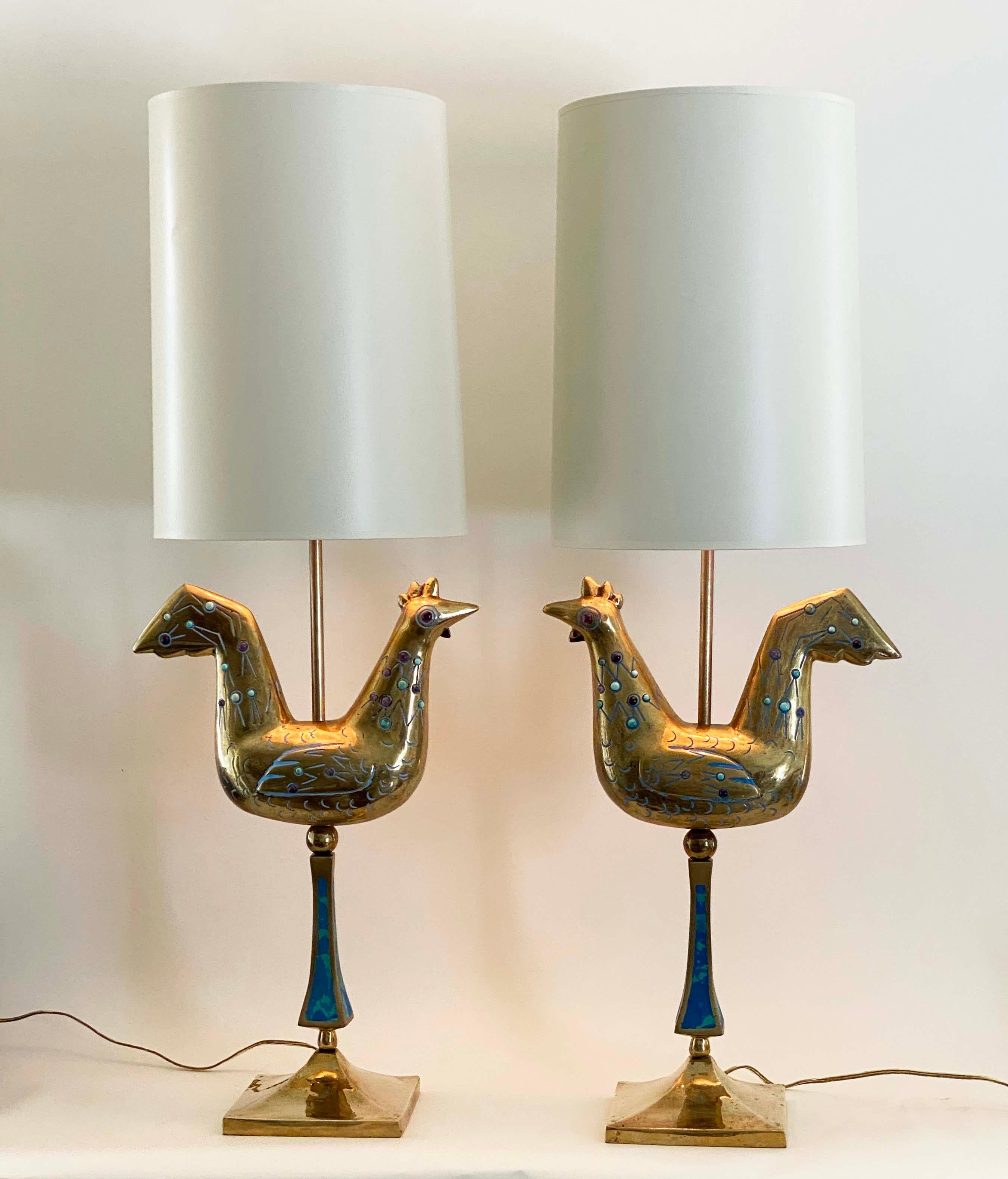 Exceptional Pair of Pepe Mendoza Brass Lamps with Turquoise & Amethyst Cabochons 5