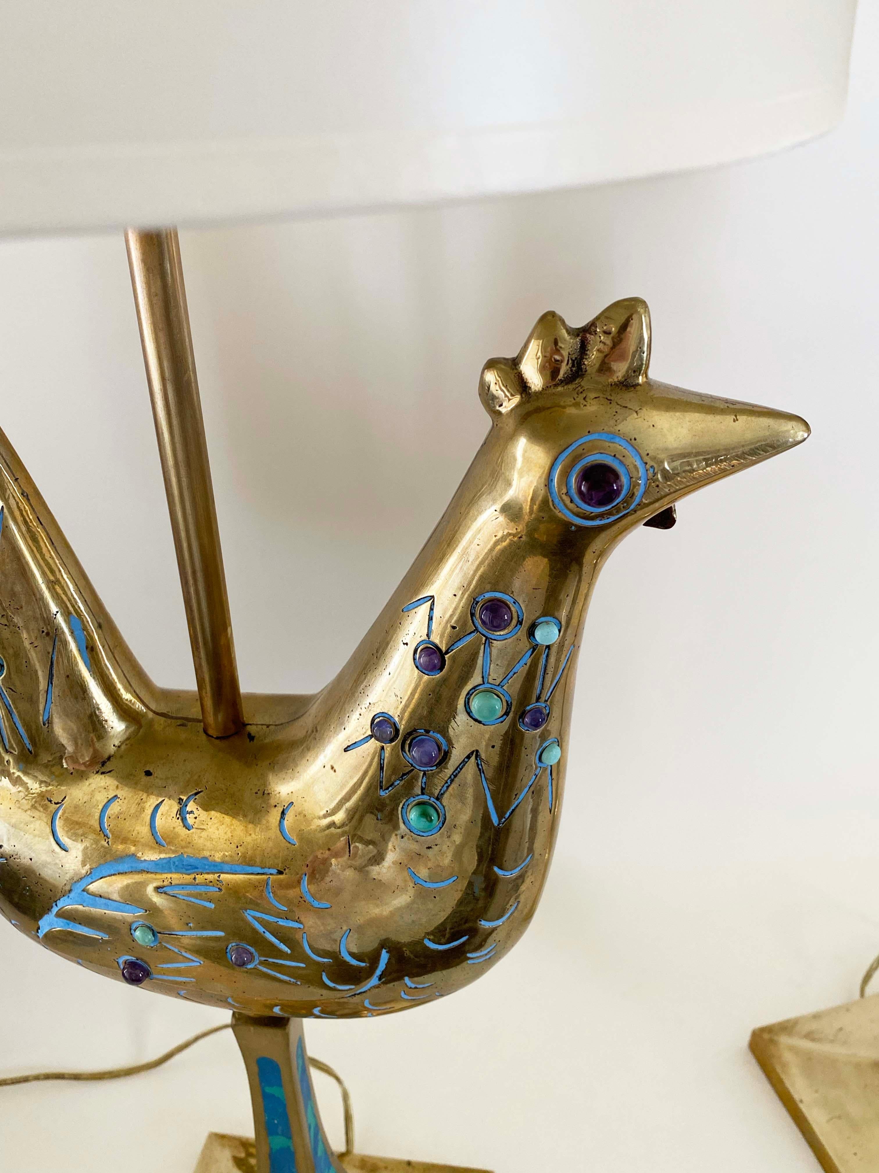 Mid-Century Modern Exceptional Pair of Pepe Mendoza Brass Lamps with Turquoise & Amethyst Cabochons