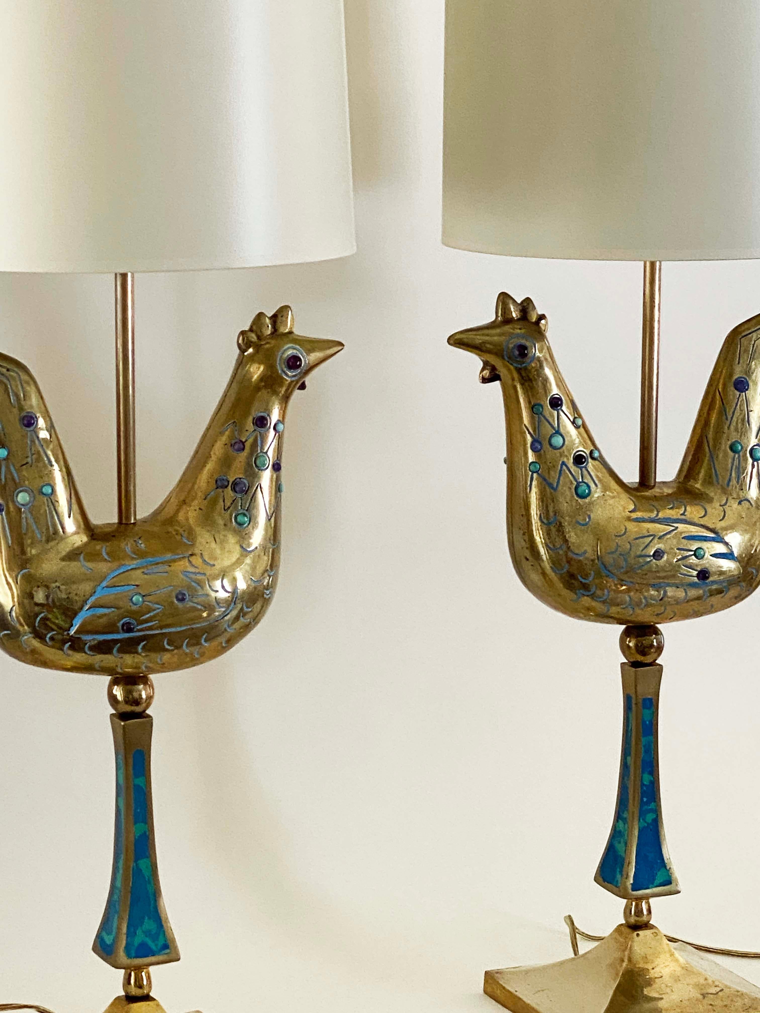 Mexican Exceptional Pair of Pepe Mendoza Brass Lamps with Turquoise & Amethyst Cabochons