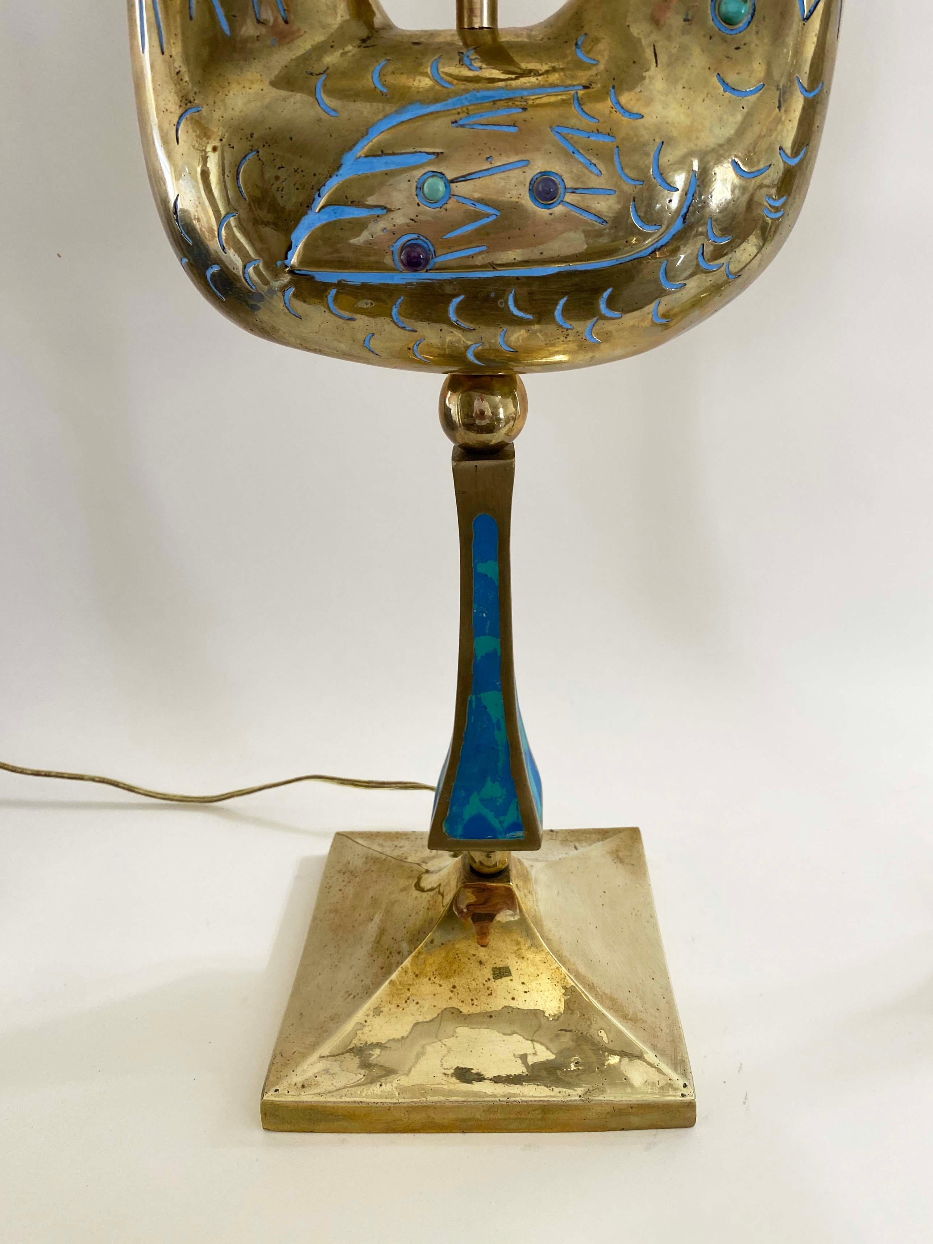 Mid-20th Century Exceptional Pair of Pepe Mendoza Brass Lamps with Turquoise & Amethyst Cabochons