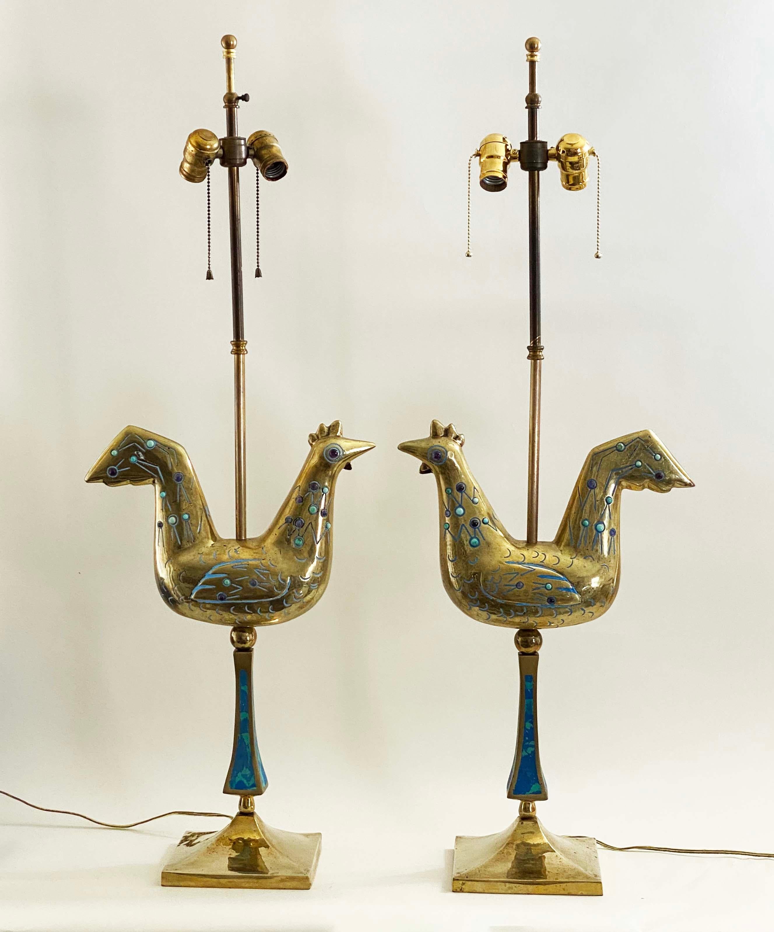 Exceptional Pair of Pepe Mendoza Brass Lamps with Turquoise & Amethyst Cabochons 2