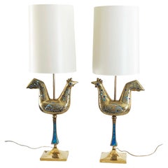 Exceptional Pair of Pepe Mendoza Brass Lamps with Turquoise & Amethyst Cabochons