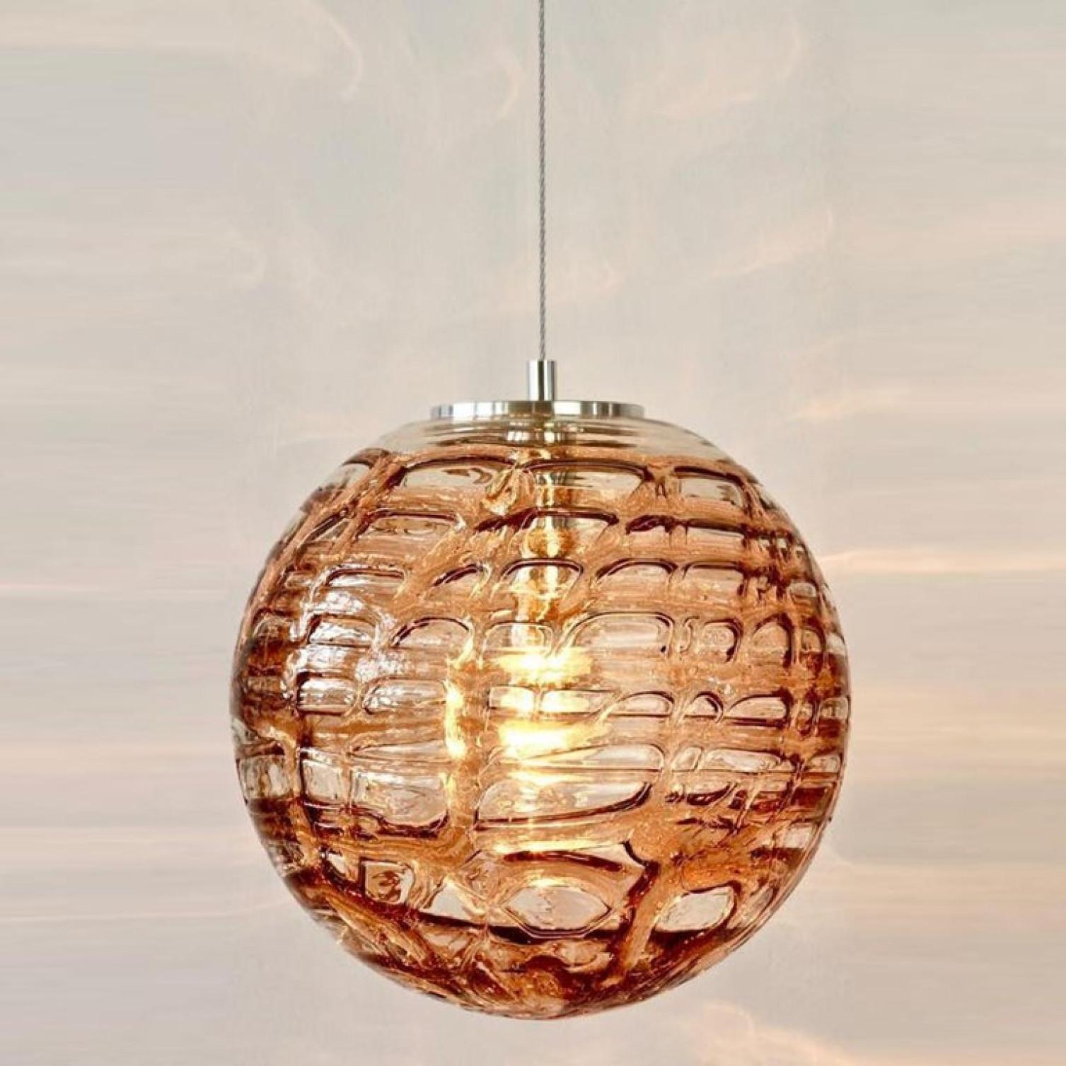 Mid-Century Modern Exceptional Pair of Pink Murano Glass Pendant Lights Venini Style, 1960 For Sale