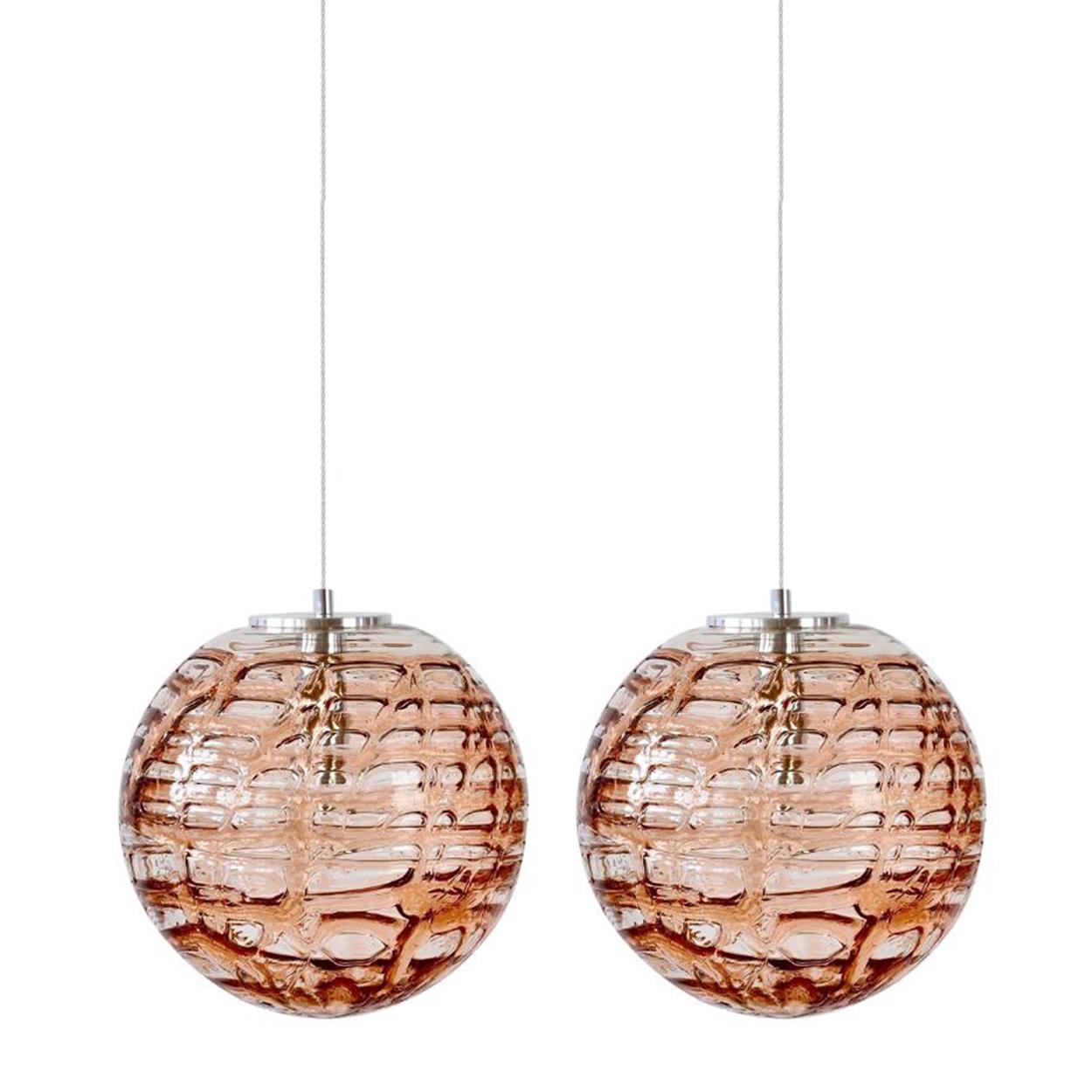 Steel Exceptional Pair of Pink Murano Glass Pendant Lights Venini Style, 1960