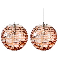 Exceptional Pair of Pink Murano Glass Pendant Lights Venini Style, 1960