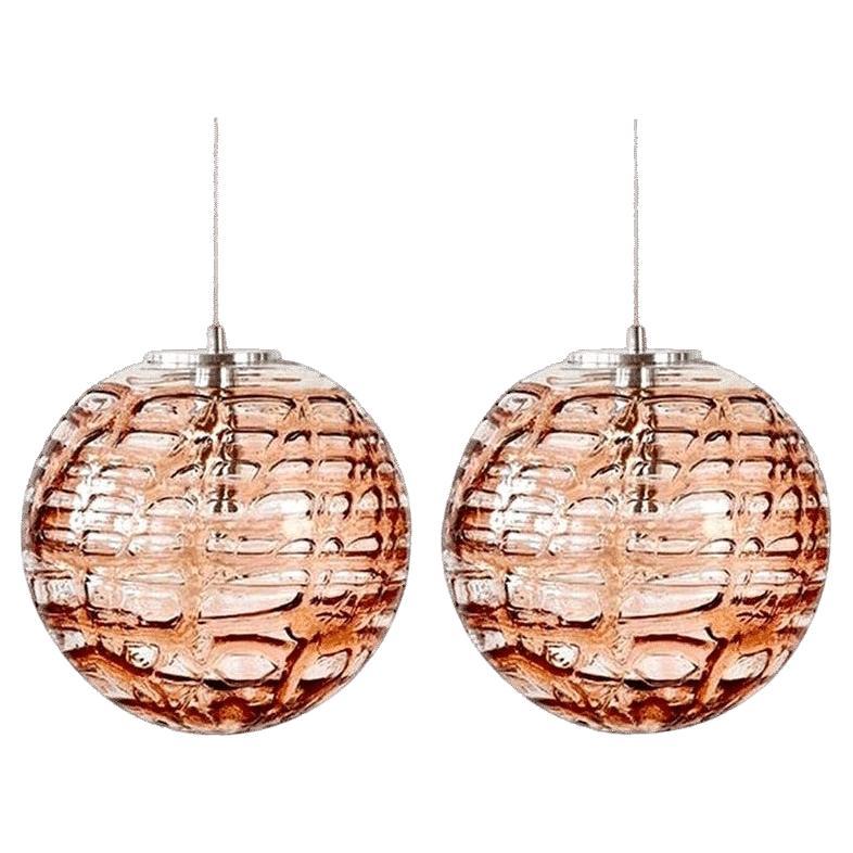 Exceptional Pair of Pink Murano Glass Pendant Lights Venini Style, 1960