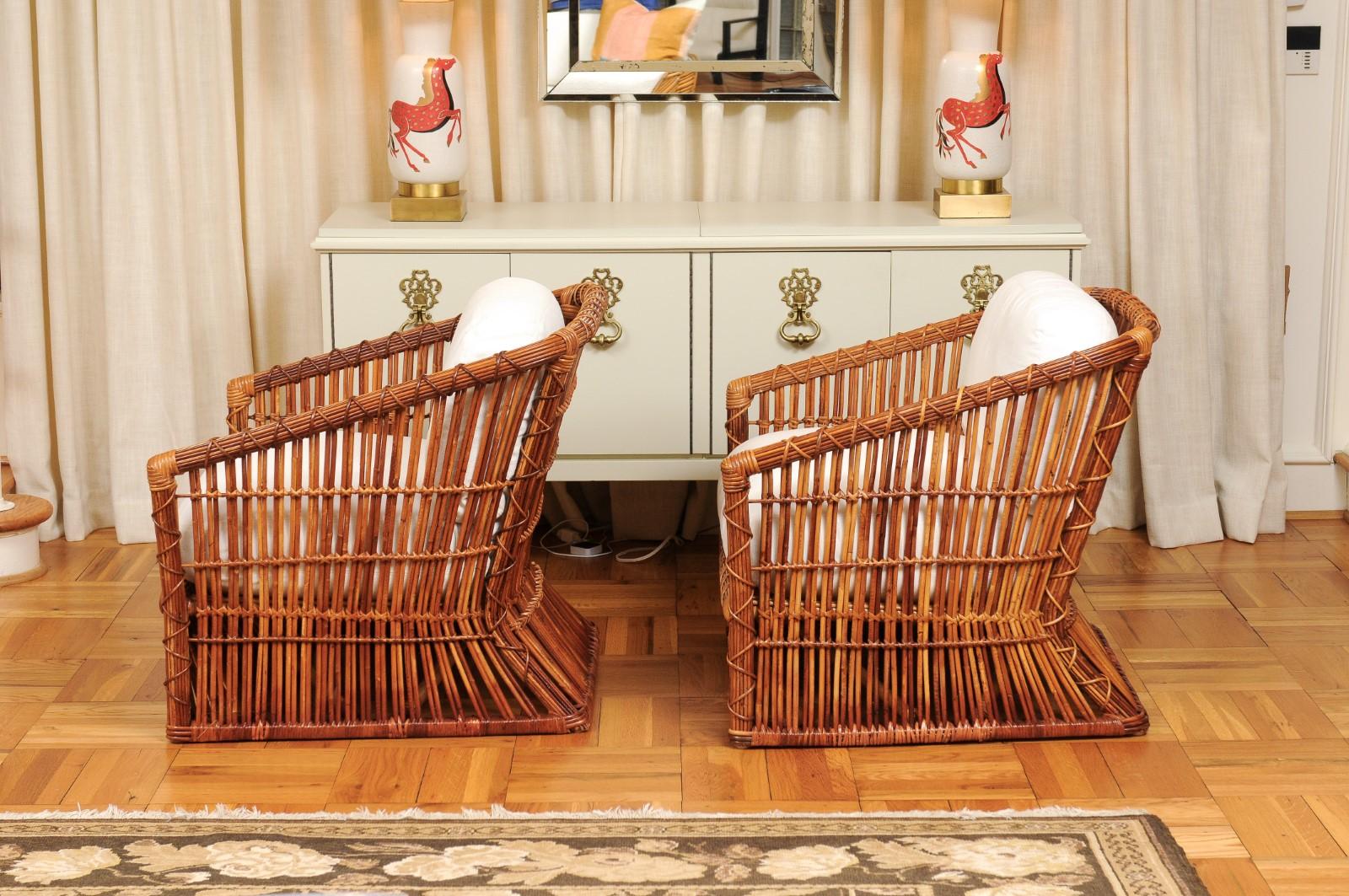 Exceptional Pair of Rattan and Cane Basket Loungers by McGuire, Circa 1975 For Sale 4