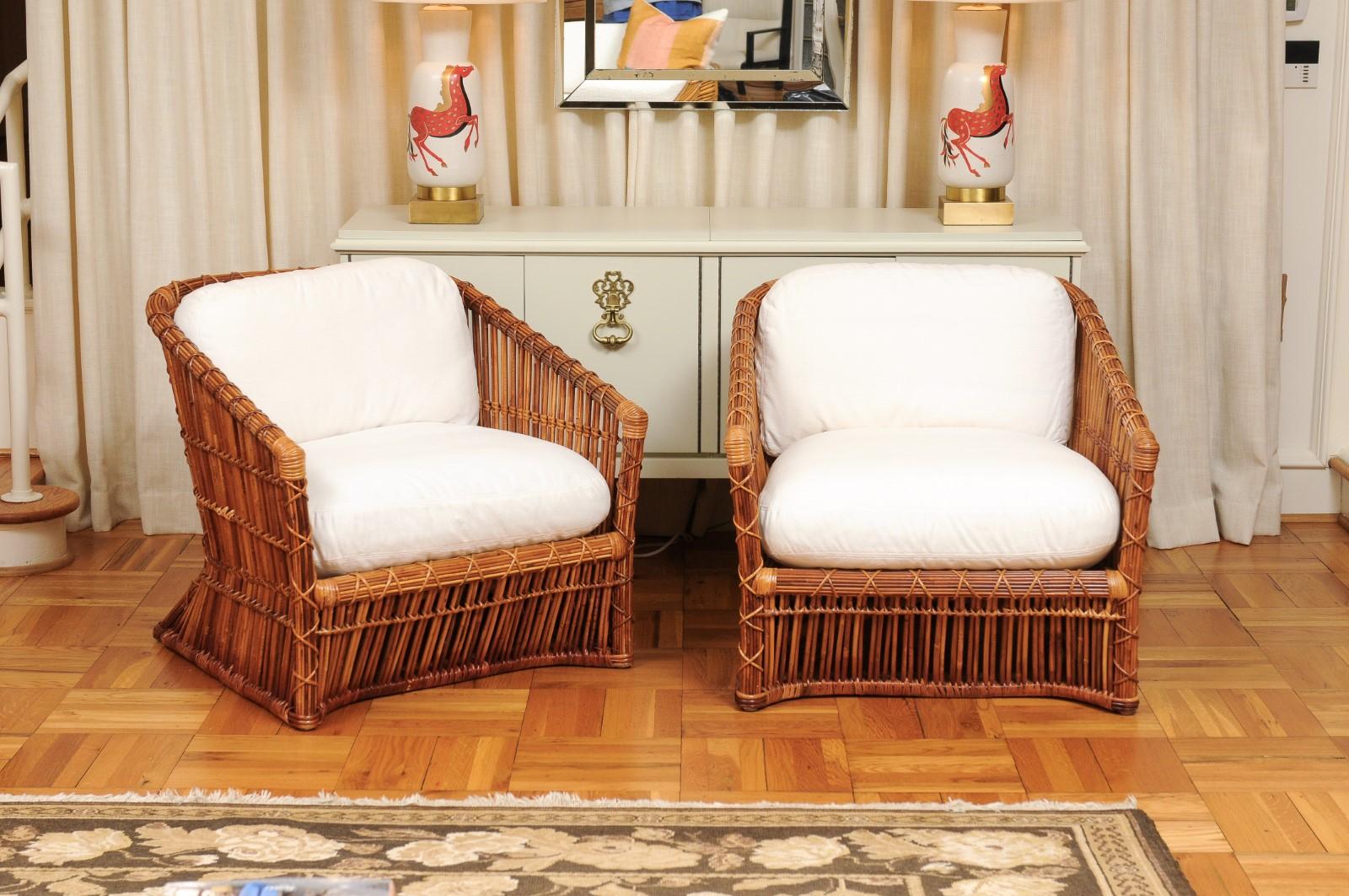 These magnificent lounge chairs are shipped as professionally photographed and described in the listing narrative: Meticulously professionally restored and expertly upholstered. Installation Ready. Expert custom upholstery service is