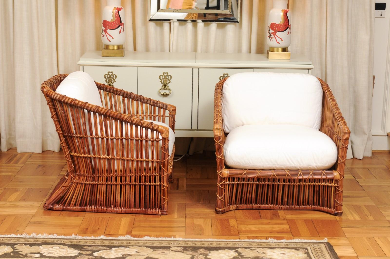 Late 20th Century Exceptional Pair of Rattan and Cane Basket Loungers by McGuire, Circa 1975 For Sale