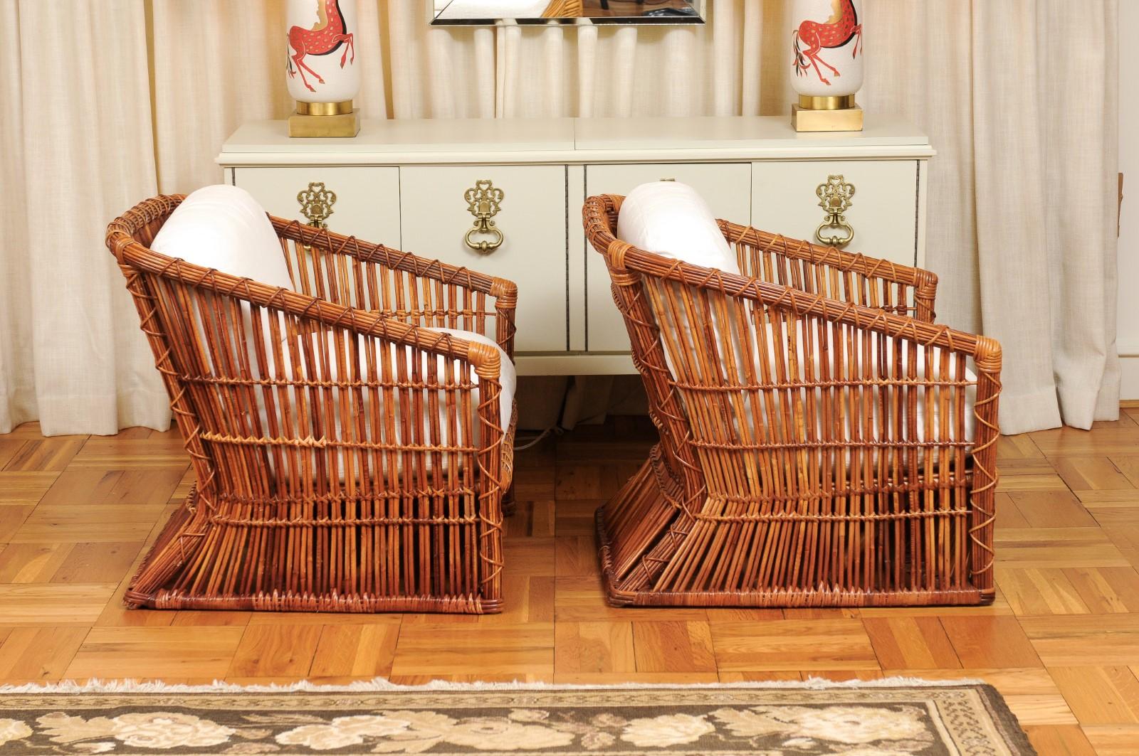 Exceptional Pair of Rattan and Cane Basket Loungers by McGuire, Circa 1975 For Sale 1