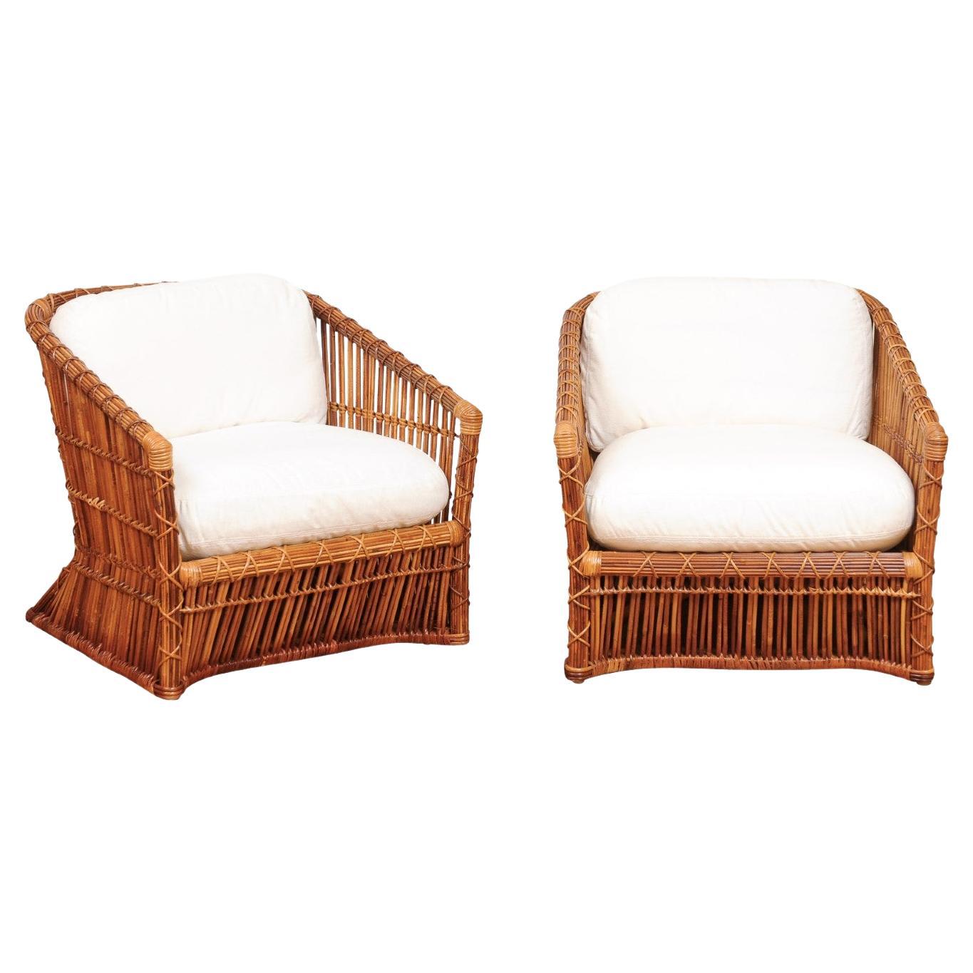 Exceptional Pair of Rattan and Cane Basket Loungers by McGuire, Circa 1975 For Sale
