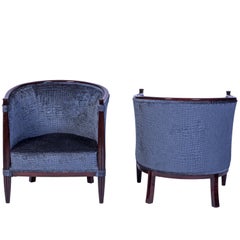 Exceptional Pair of Red Mahogany Club Chairs in Gray Velvet