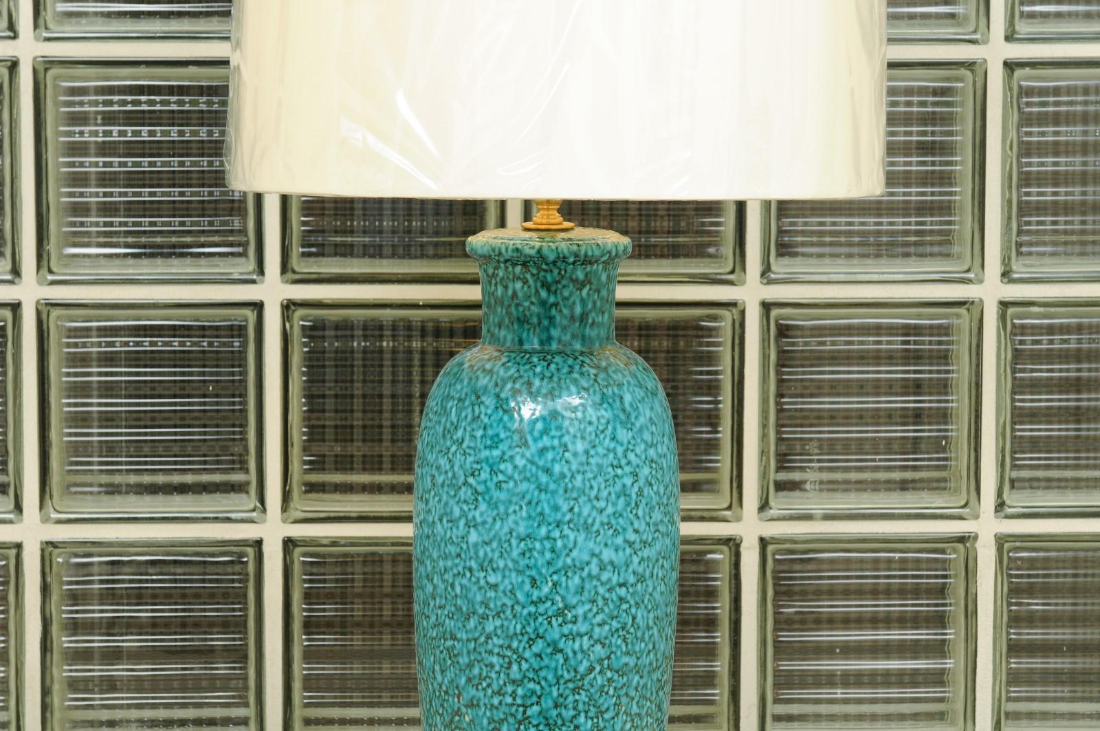 Mid-Century Modern Exceptional Pair of Restored Italian Ceramic Lamps in Turquoise, circa 1960 For Sale