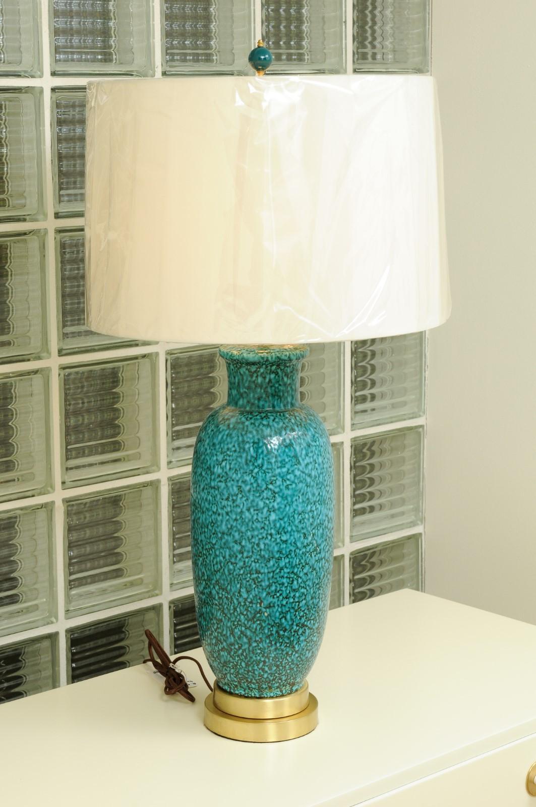 Exceptional Pair of Restored Italian Ceramic Lamps in Turquoise, circa 1960 For Sale 1