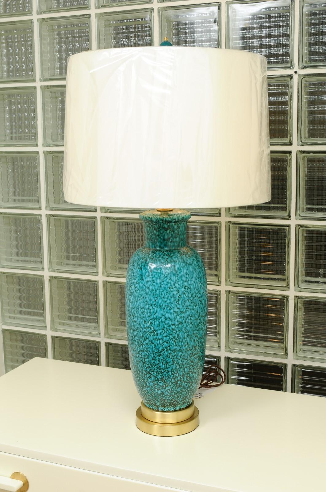 Exceptional Pair of Restored Italian Ceramic Lamps in Turquoise, circa 1960 For Sale 2