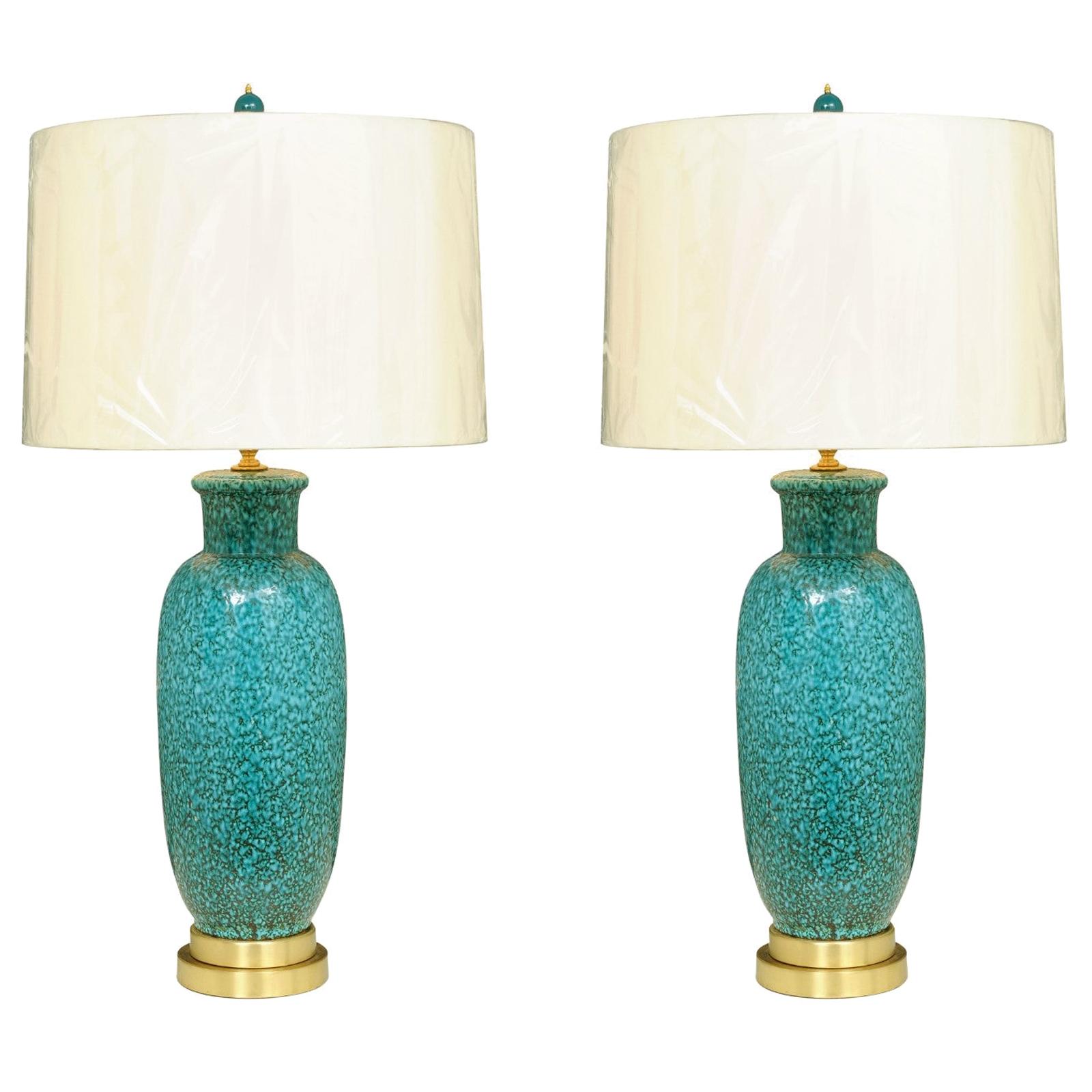 Exceptional Pair of Restored Italian Ceramic Lamps in Turquoise, circa 1960 For Sale