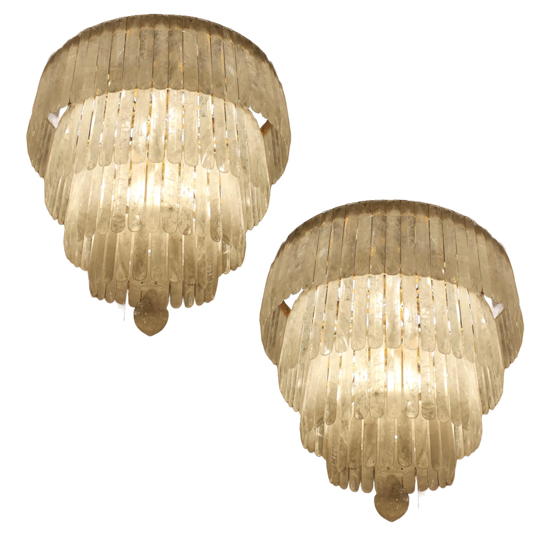 Bronzed Unique Exceptional pair of rock crystal chandeliers with four tiers sixty light  For Sale