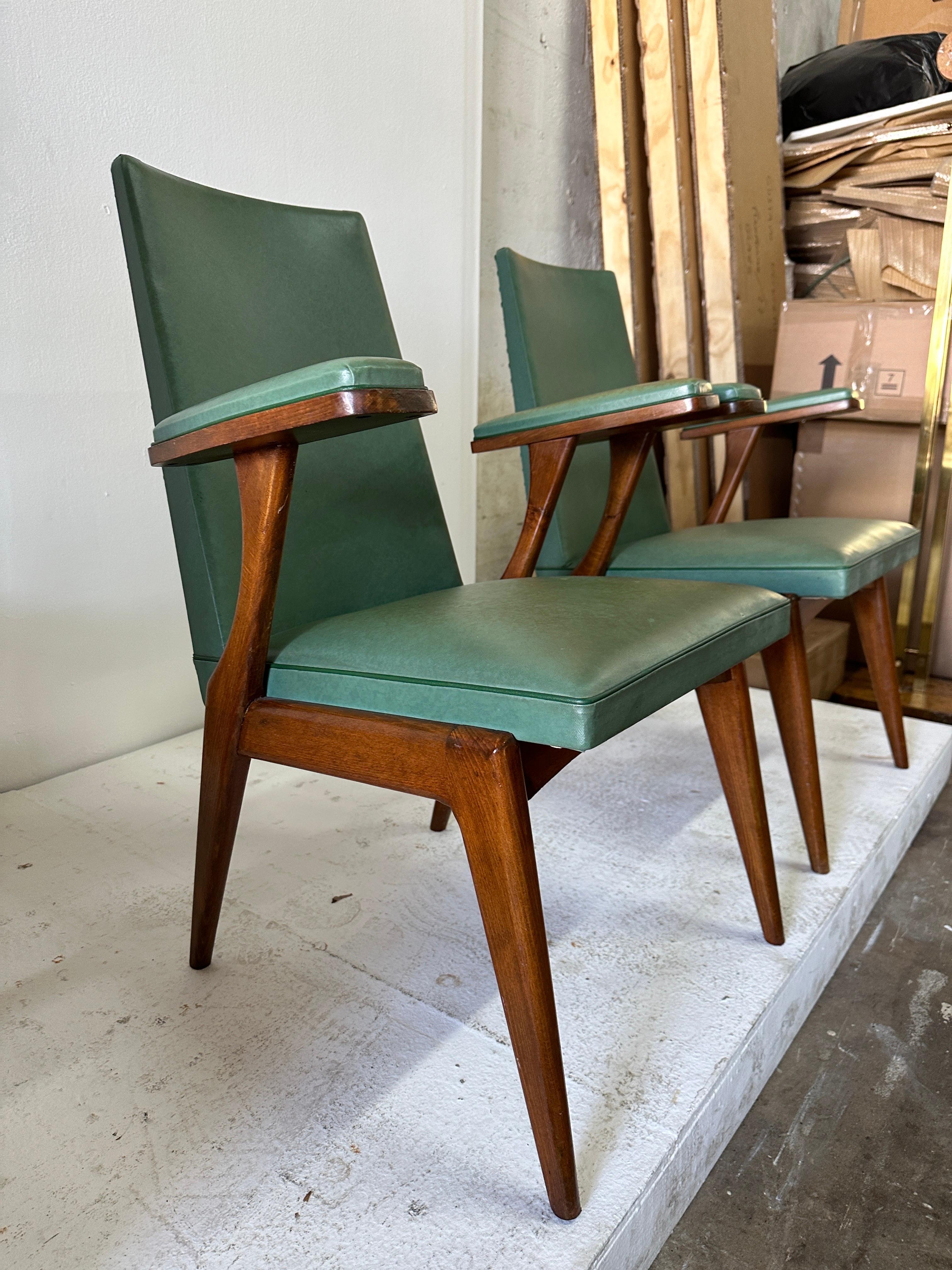 Faux Leather Exceptional Pair of Sculptural French Walnut Chairs, Pair
