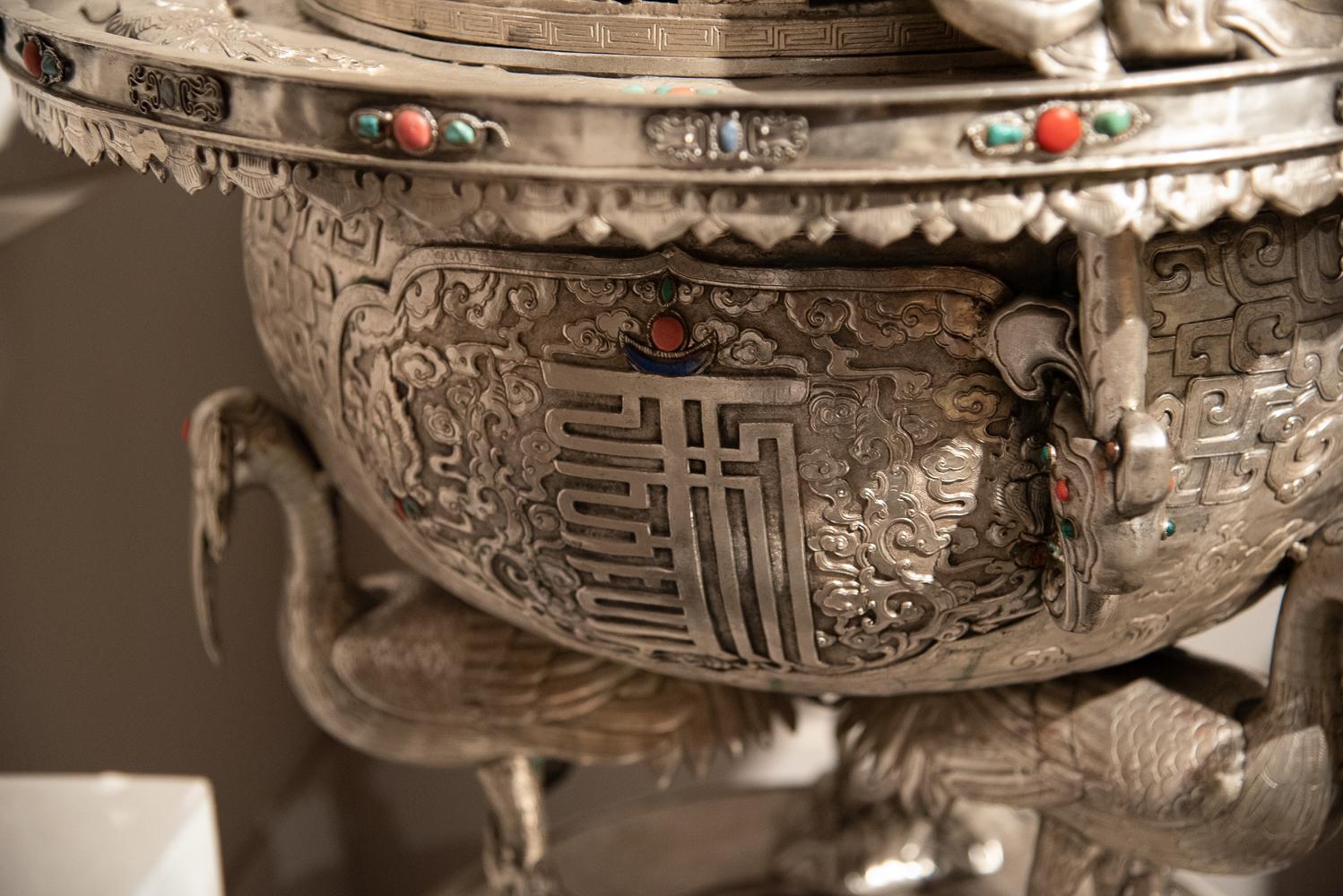 Exceptional Pair of Sino-Mongolian Silvered Copper Incense Burners In Good Condition In Dallas, TX